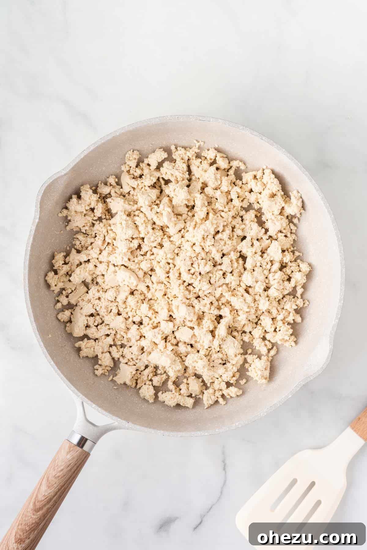 crumbled tofu in a skillet