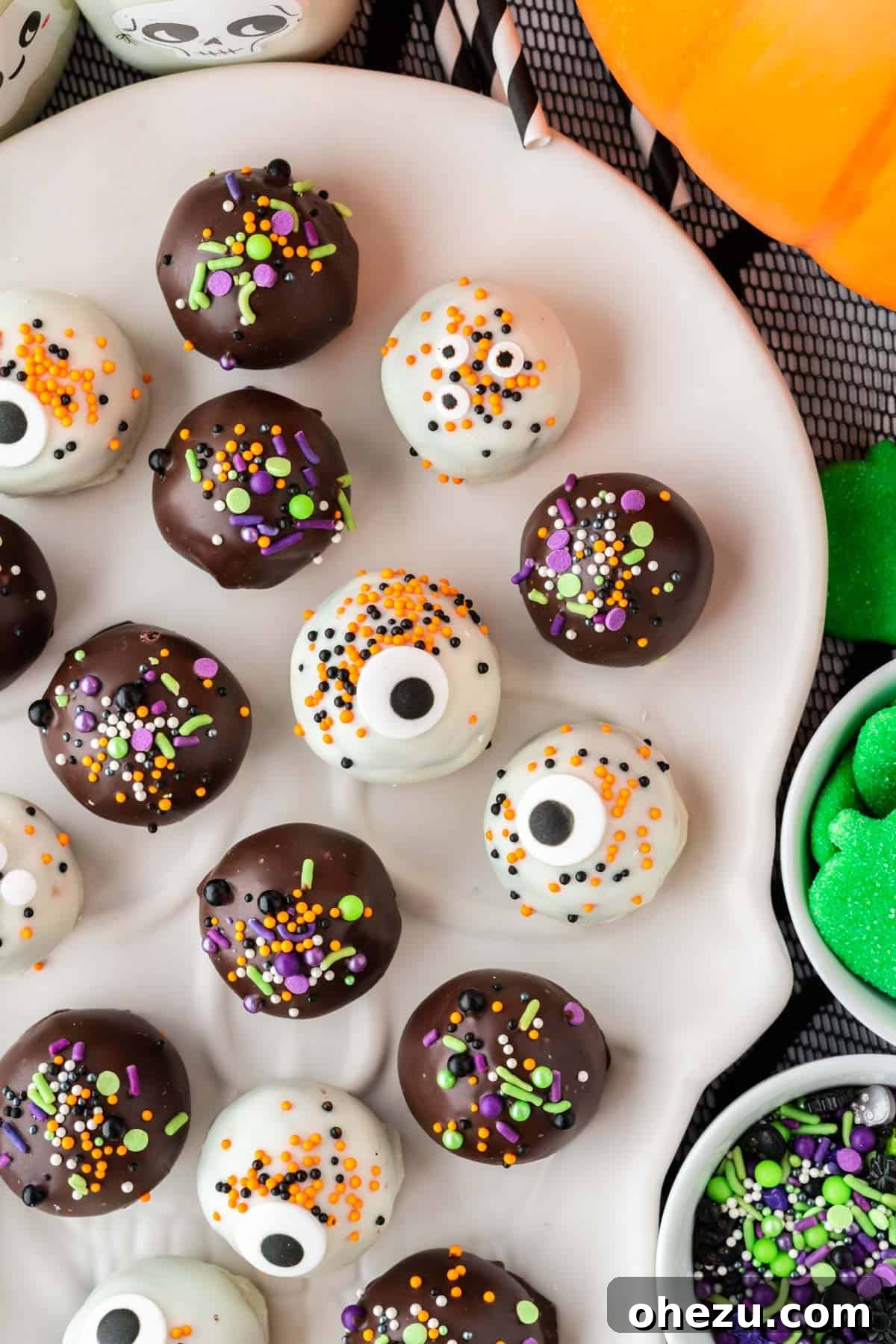 Wicked Oreo Truffles 2 Halloween decorated Oreo balls on a plate, ready to be served