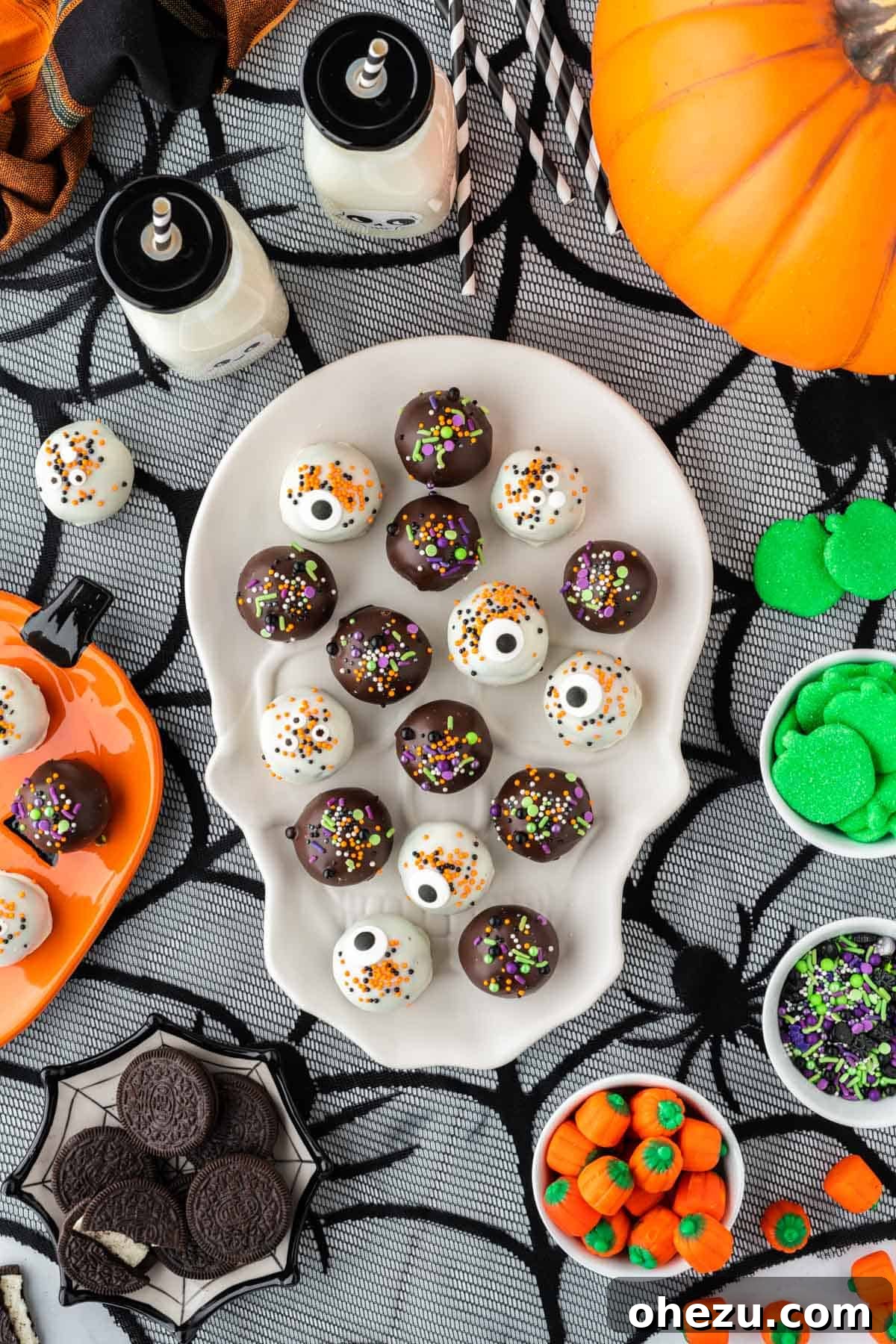 Wicked Oreo Truffles 22 Halloween Oreo balls displayed on a skull-shaped platter, highlighting their festive and spooky presentation