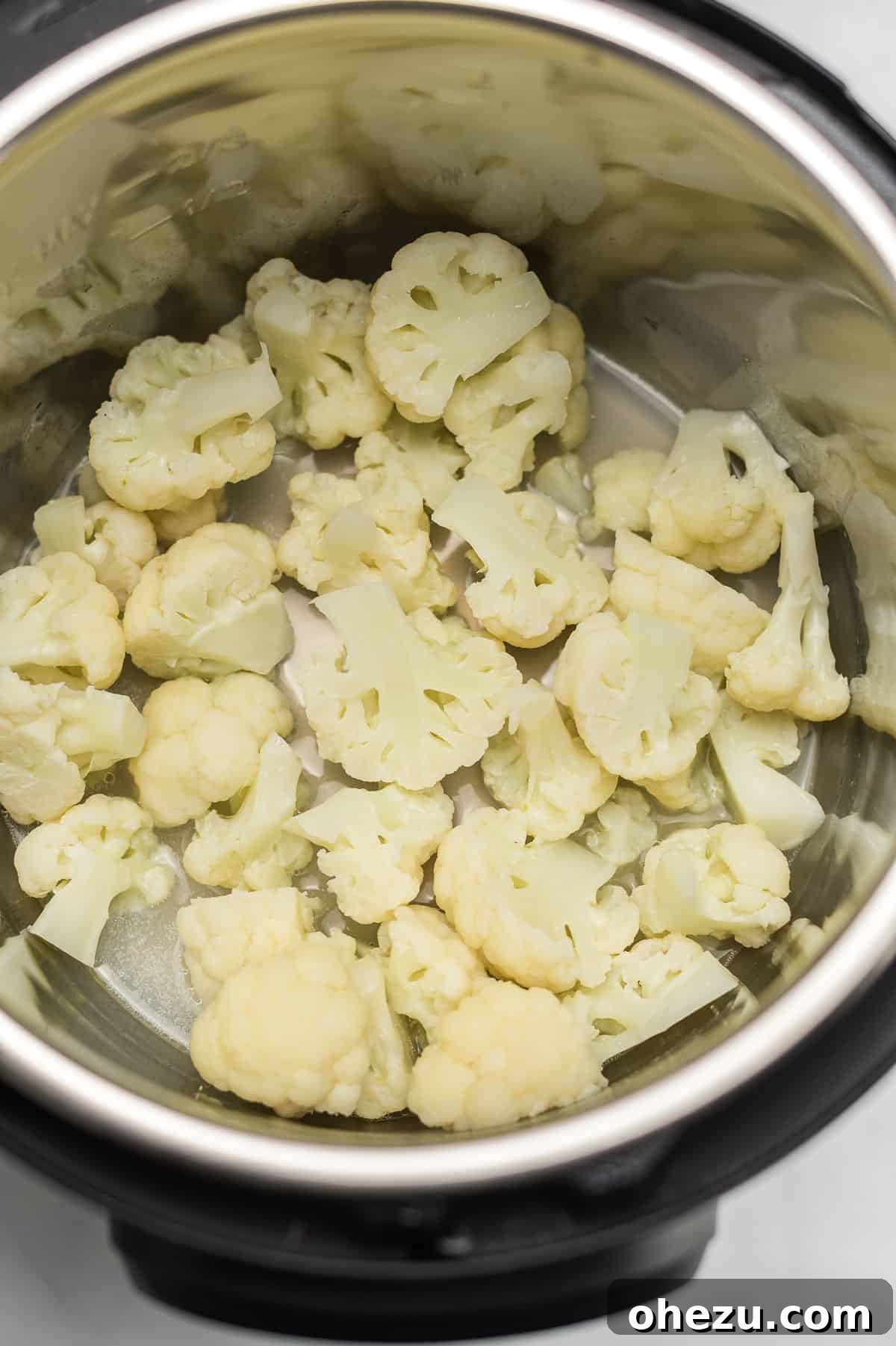 Close-up of the Instant Pot lid after steaming, with steam releasing from the vent.