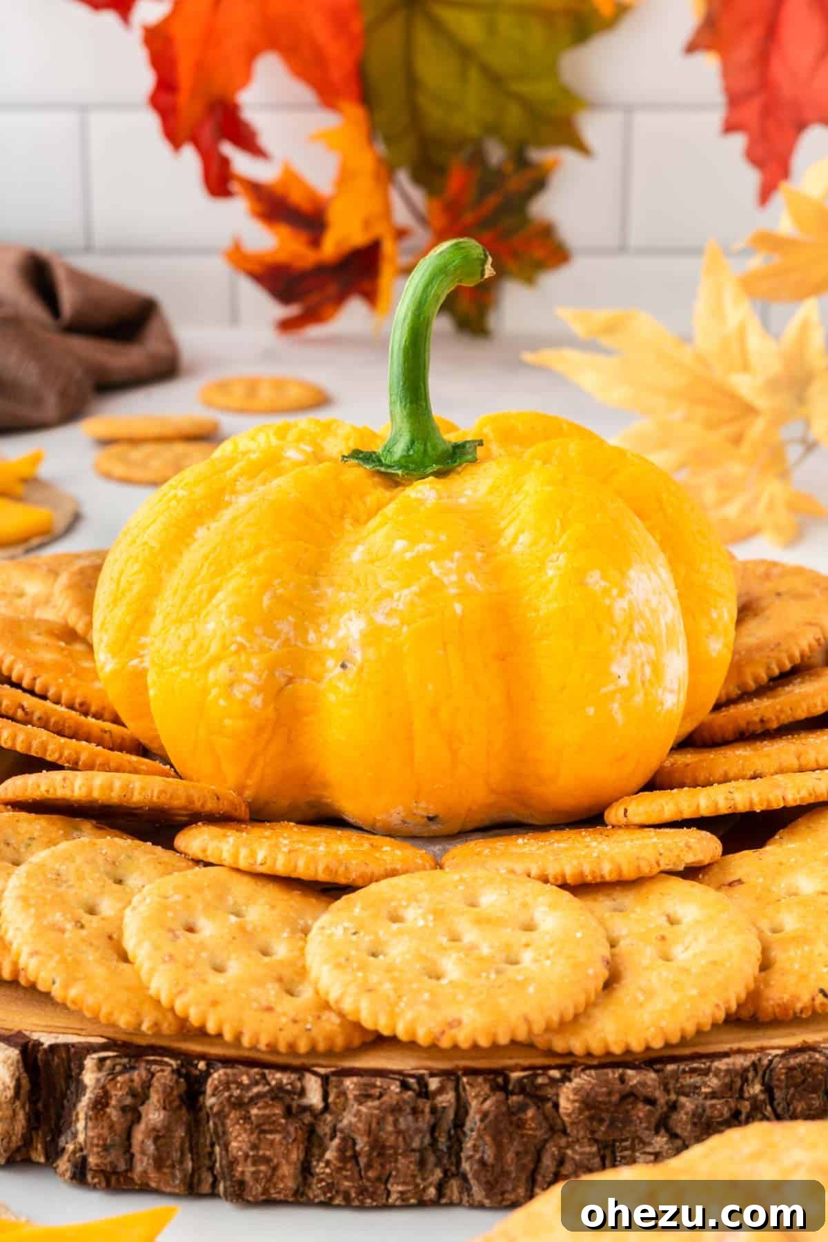 pumpkin shaped cheese ball surrounded by crackers for dipping