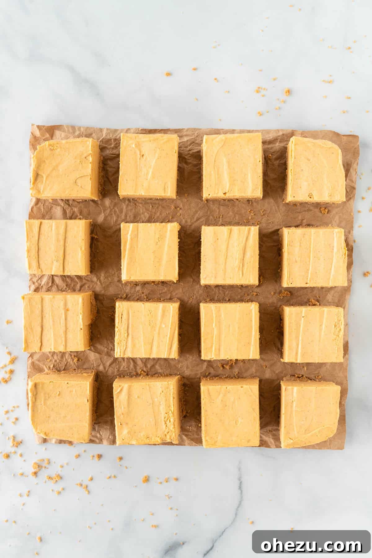chilled pumpkin cheesecake bars, cut into 16 perfect squares, showing the layers