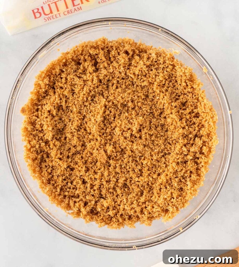 well-combined graham cracker crust mixture in a bowl