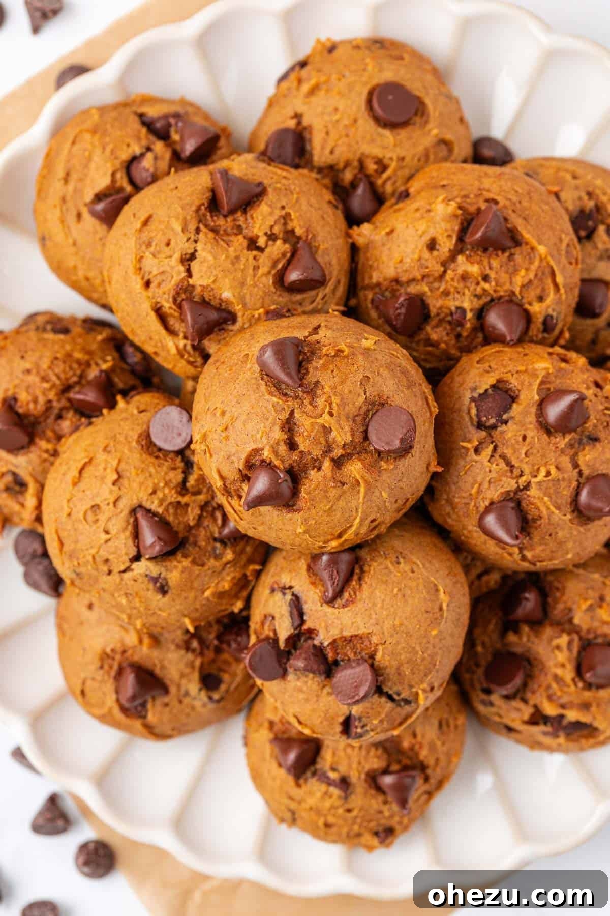 Close-up of freshly baked cake mix pumpkin cookies on a cooling rack, showcasing their soft texture and chocolate chips.