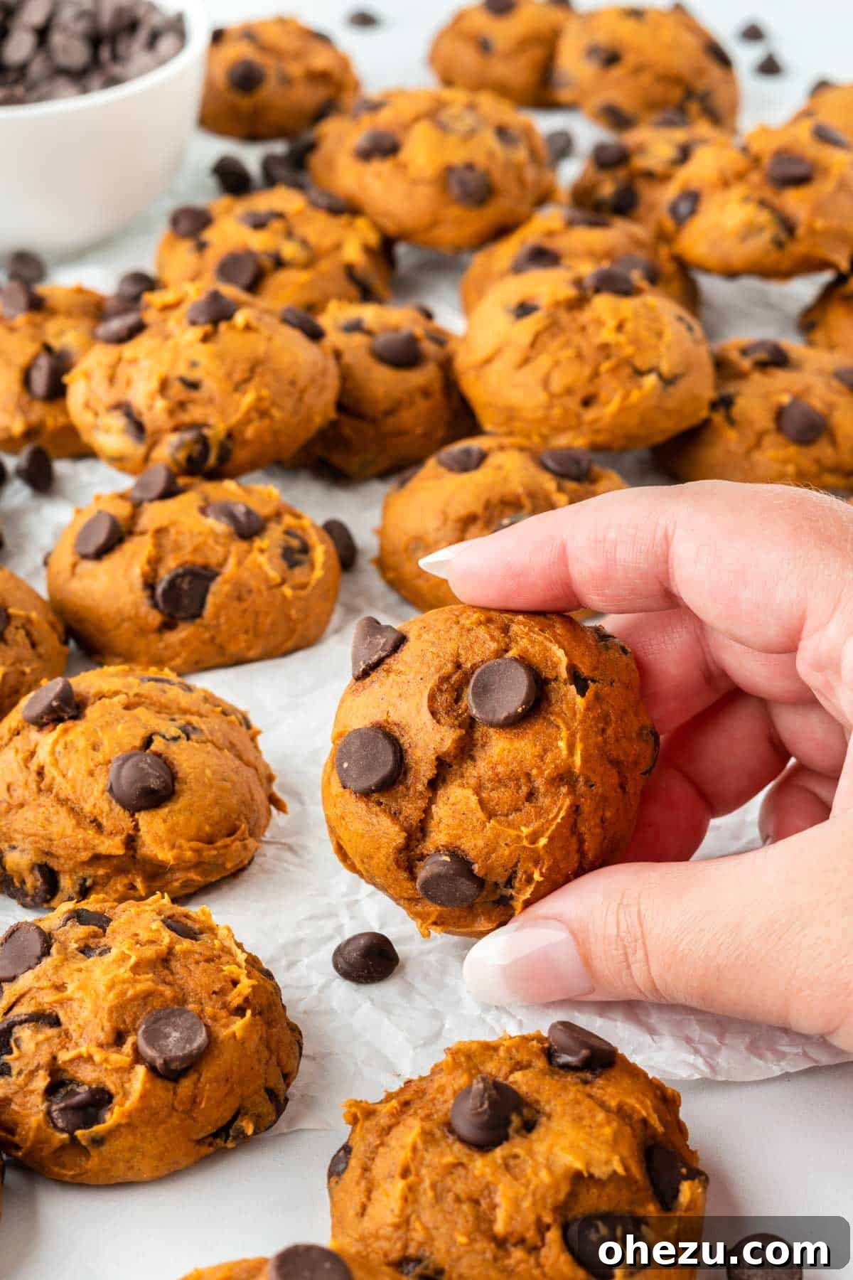 A hand holding a single soft, chewy pumpkin cake mix cookie, highlighting its appeal as a delicious, easy-to-make treat.