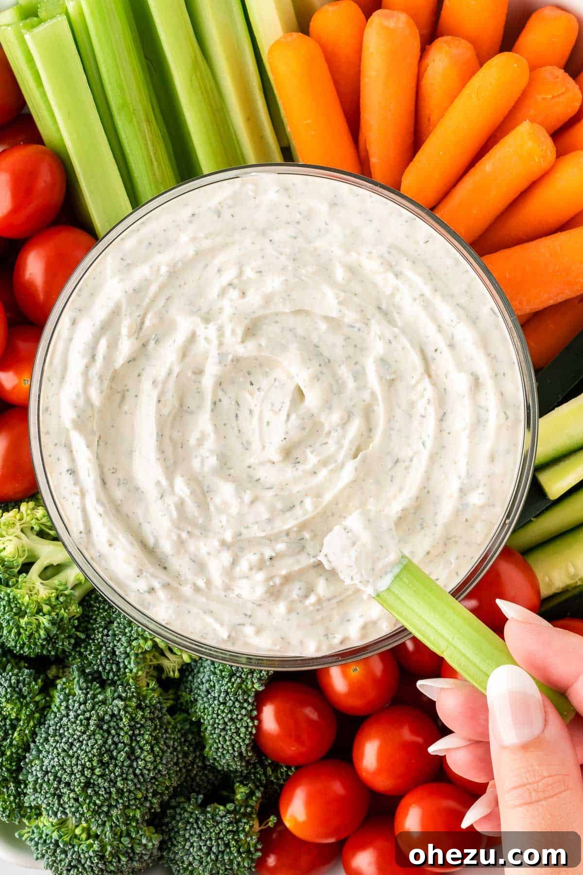Garden Fresh Dip 11 A close-up action shot of a piece of celery being dipped into the creamy homemade veggie dip, highlighting its inviting texture.