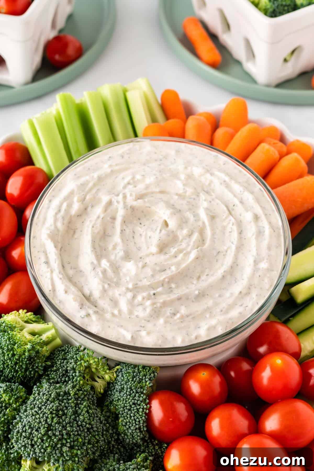 Garden Fresh Dip 12 A beautifully presented bowl of creamy veggie dip, garnished with fresh herbs, surrounded by a vibrant assortment of raw vegetables like broccoli, cherry tomatoes, celery, and baby carrots, inviting guests to enjoy.