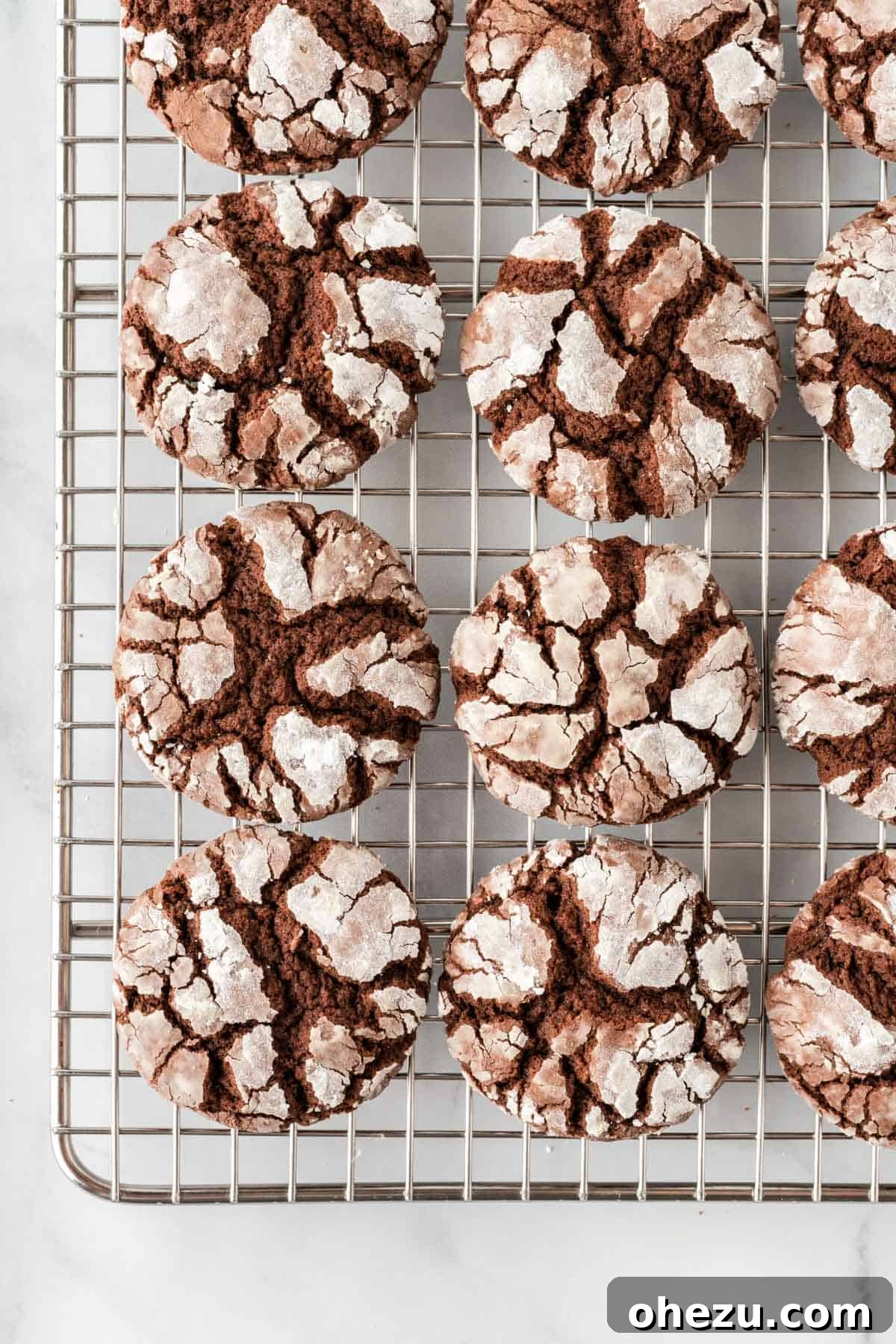 Chocolate crinkle cookies cooling on a wire rack