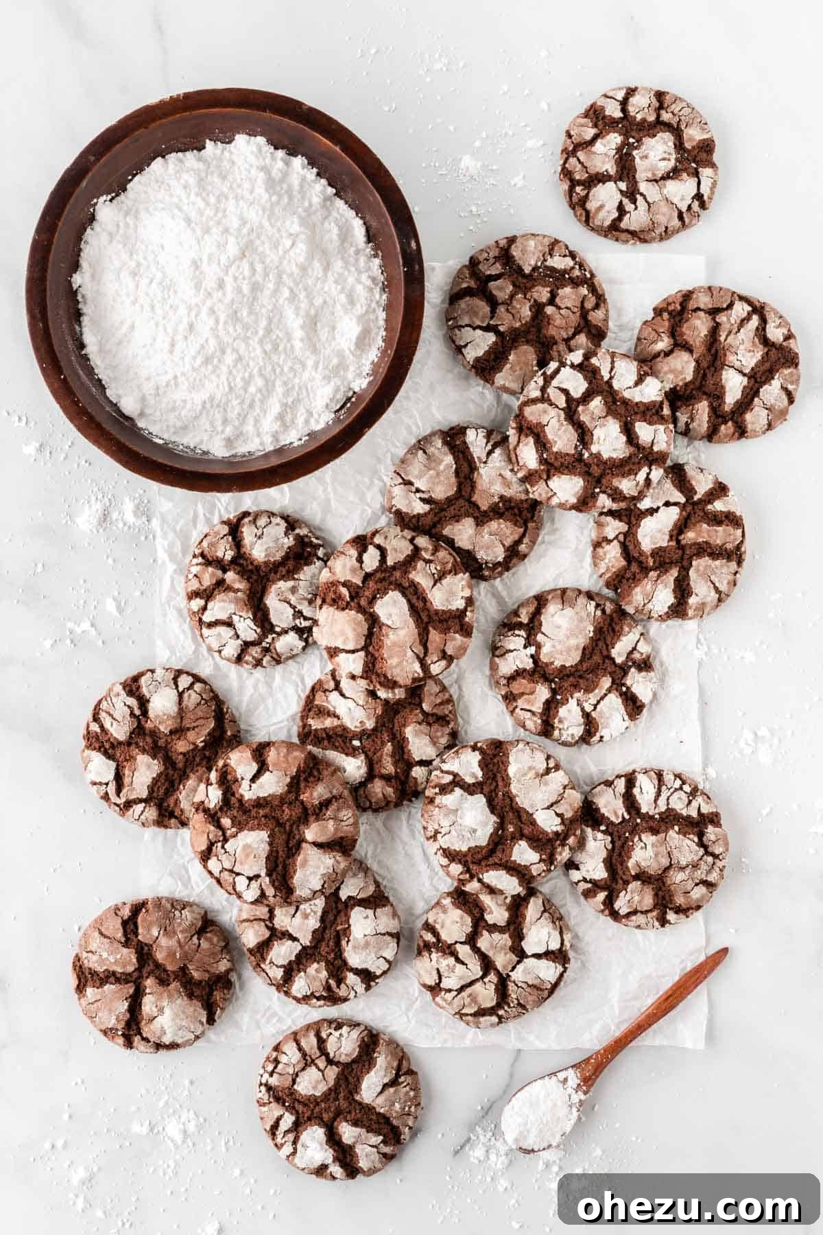 Close-up of baked chocolate cake mix crinkle cookies