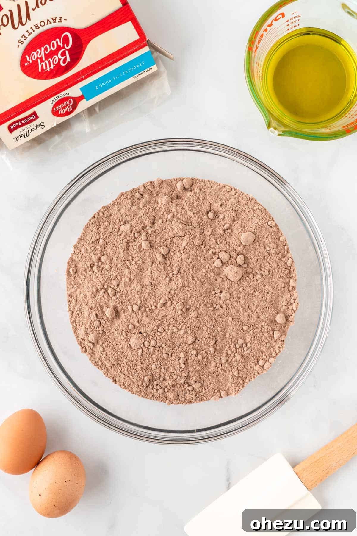 Chocolate cake mix in a mixing bowl