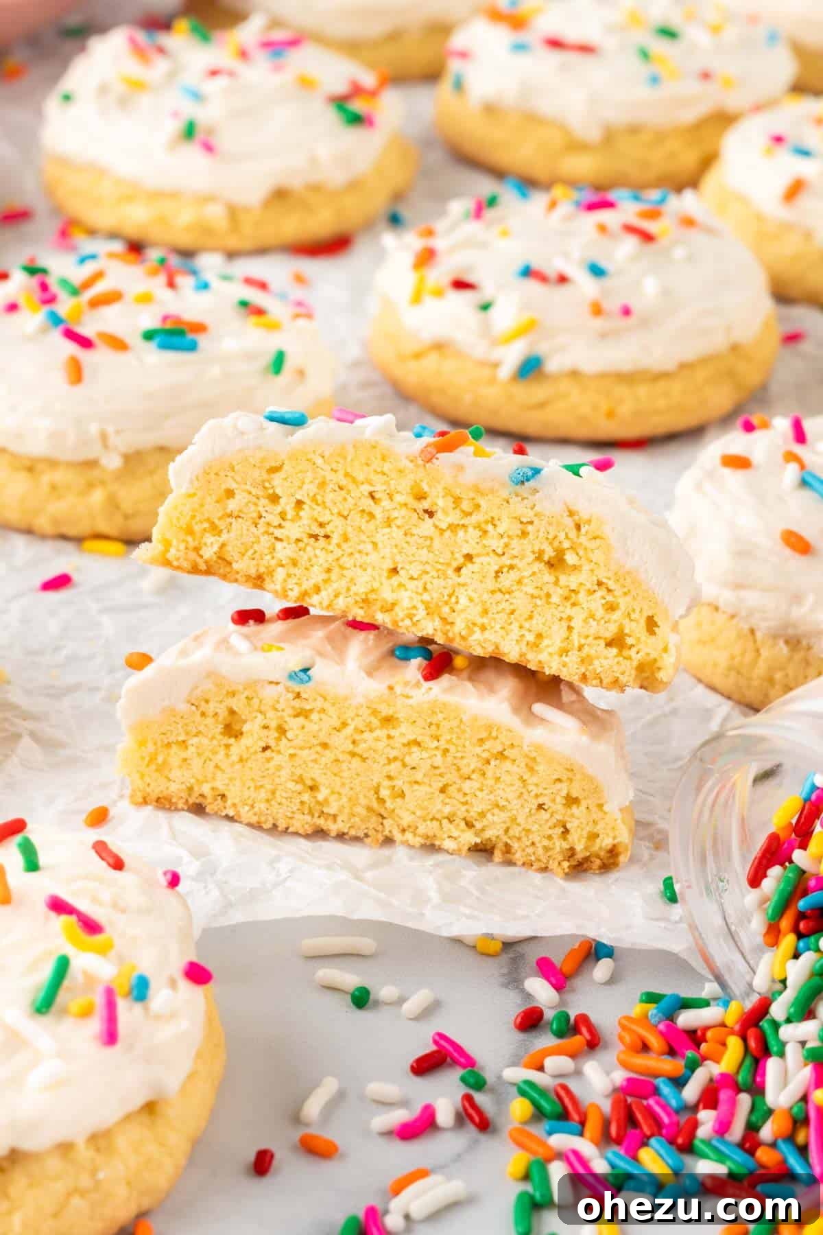 sugar cookie cut in half to show its soft, chewy interior