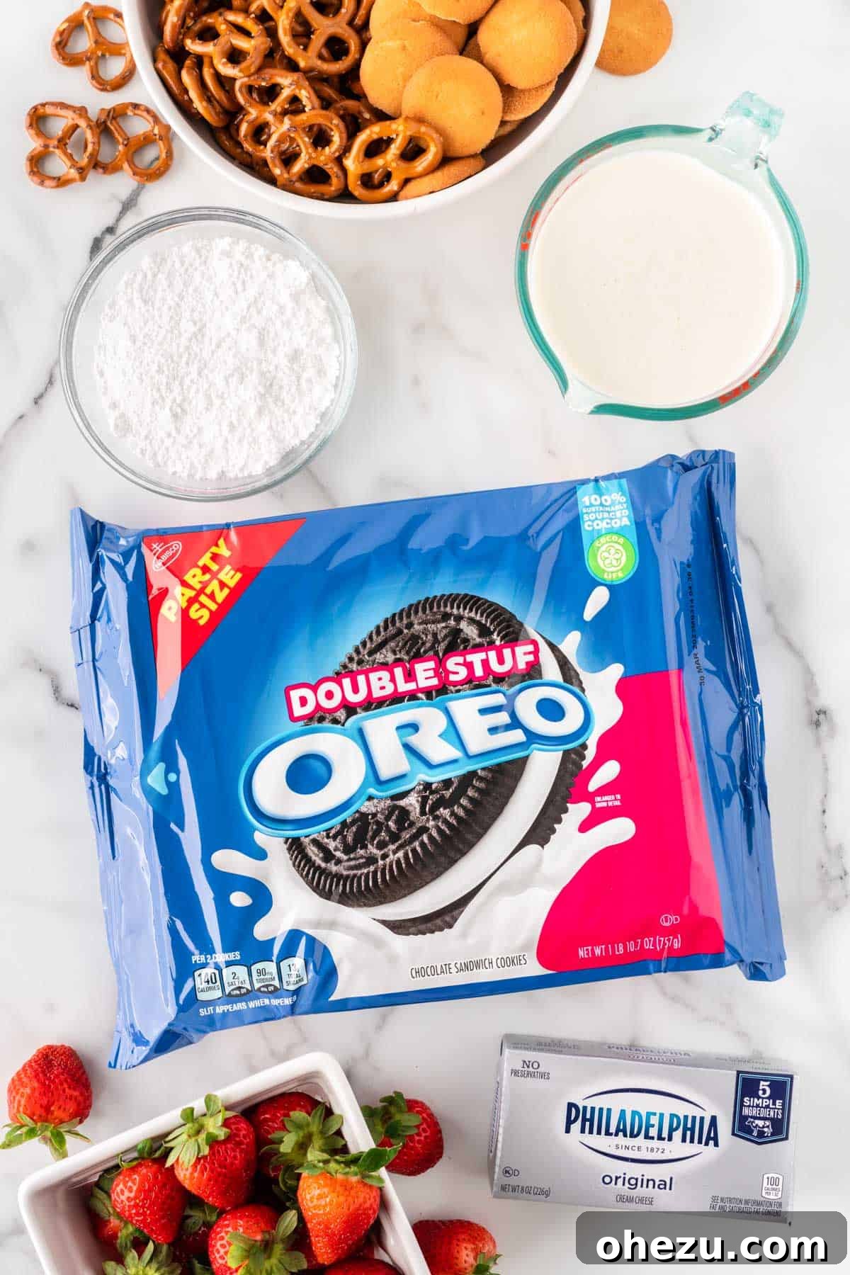 Oreo Dream Dip 4 The four essential ingredients for Oreo Dip: Double Stuff Oreos, heavy cream, powdered sugar, and softened cream cheese