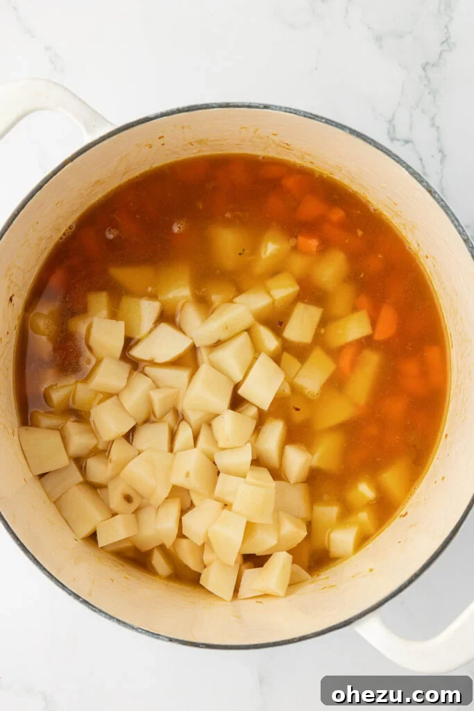 A vibrant mix of vegetables simmering gently in the vegetable broth within the Dutch oven, showing the potatoes tenderizing and the broth deepening in flavor.