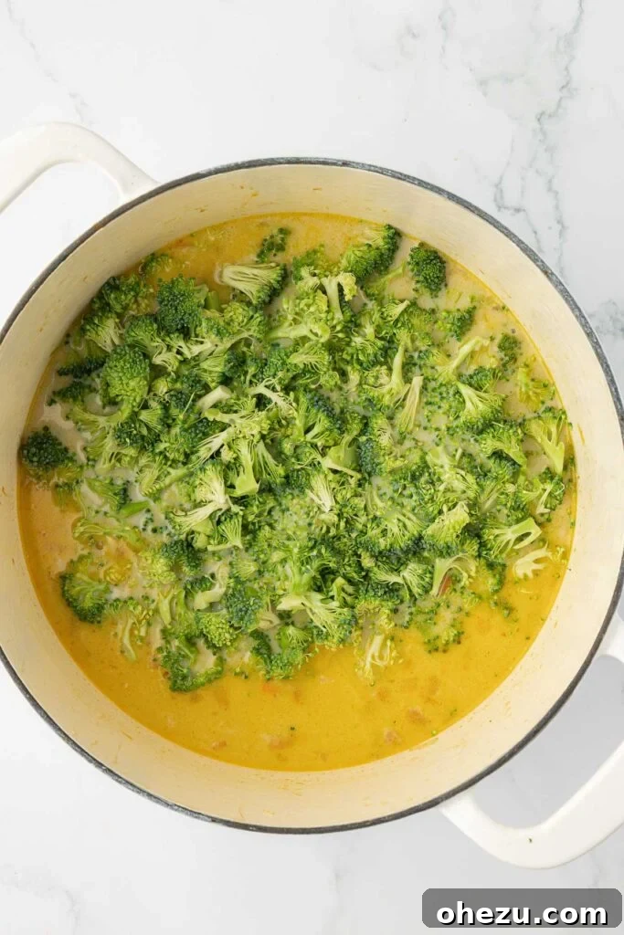 Freshly diced broccoli florets being added to the rich and creamy vegetable soup, ready to simmer briefly to a tender-crisp perfection.
