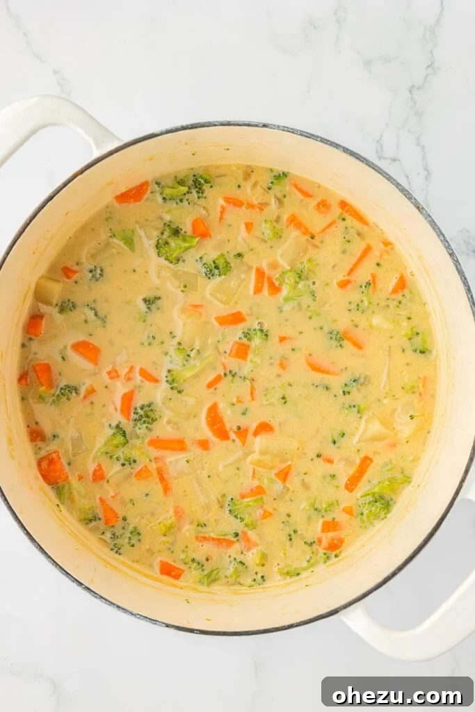 The creamy vegetable soup, now complete with tender broccoli cooked down, showcasing a harmonious blend of vegetables and a rich, appealing texture.