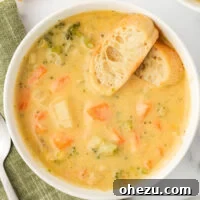 creamy vegetable soup in a bowl with baguette slices