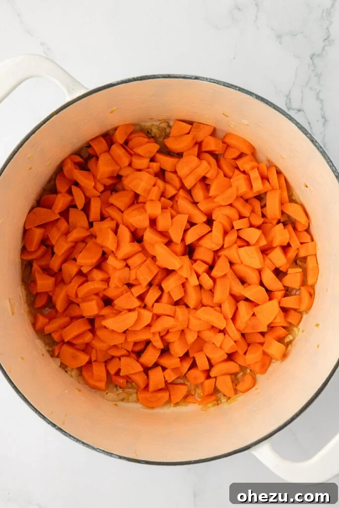 Diced carrots being carefully added to the fragrant mixture of sautéed garlic and onion in the Dutch oven, preparing them to cook down and sweeten.