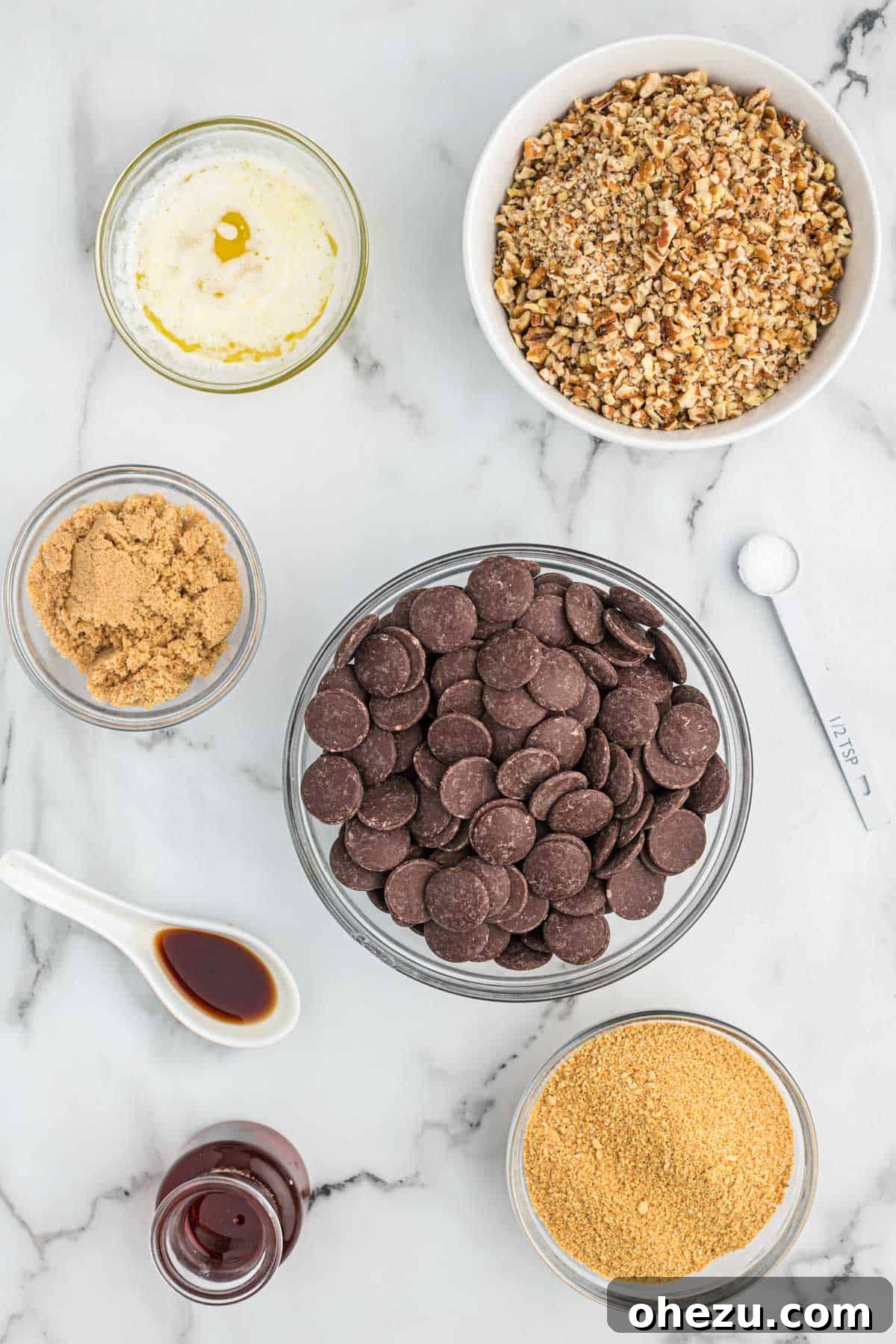 Pecan Pie Truffles 4 A flat lay image showing all the ingredients neatly arranged on a counter, ready to make pecan pie balls.