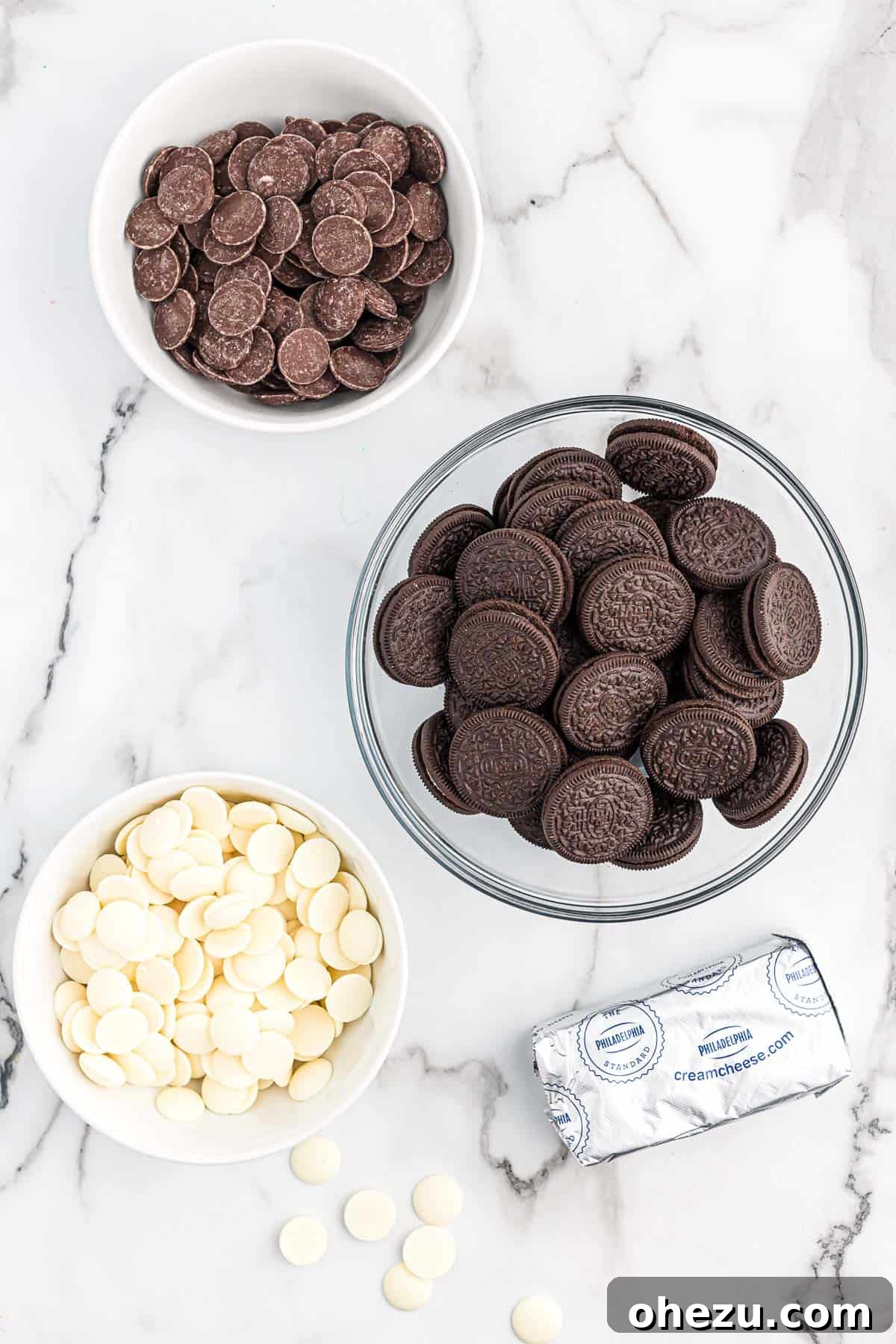 All the fresh ingredients laid out on a counter, ready to be used for making oreo truffles.