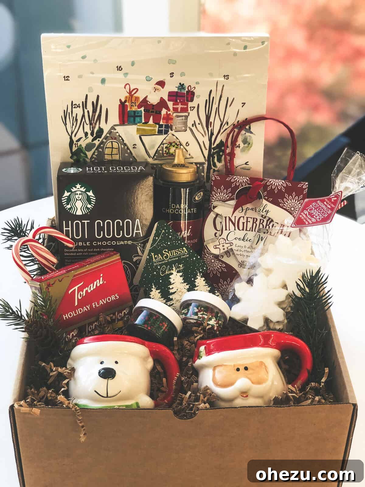 Side view of the packed holiday gift basket, showcasing the variety of items and festive packaging.