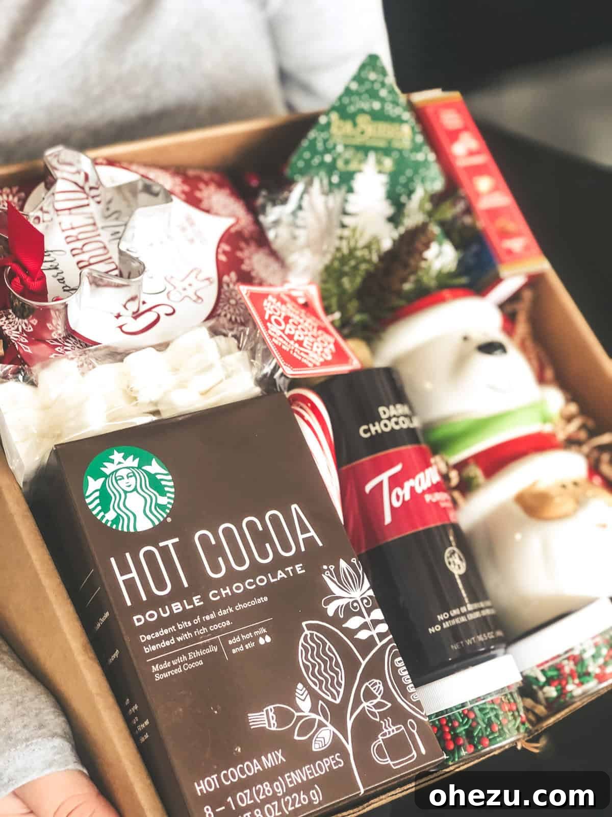 Top-down view of the carefully arranged cocoa and cookies gift basket, ready for gifting.