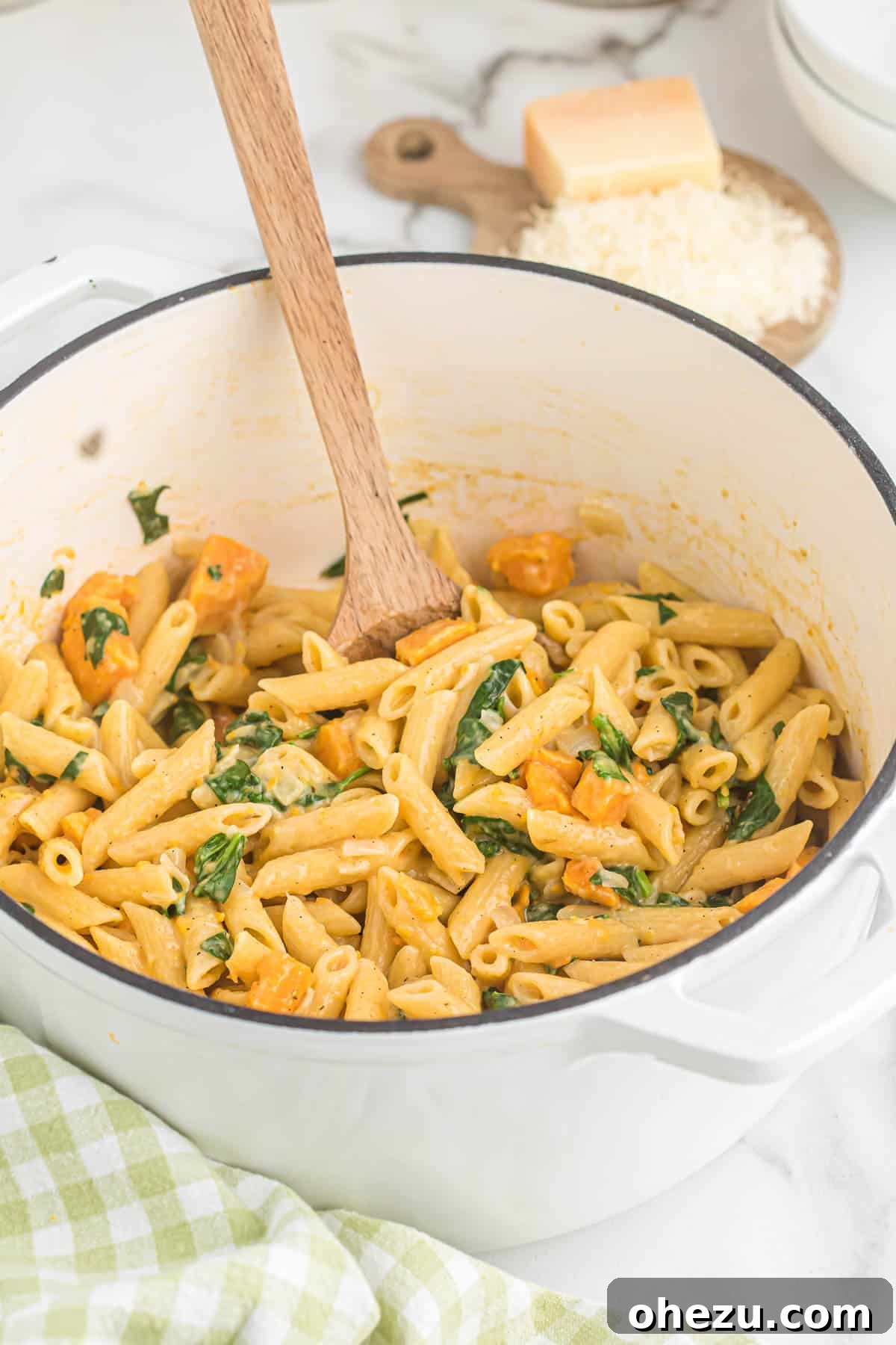 Velvet Sweet Potato Pasta 2 Creamy sweet potato pasta simmering in a beautiful Dutch oven, ready to be served as a delightful one-pot meal.