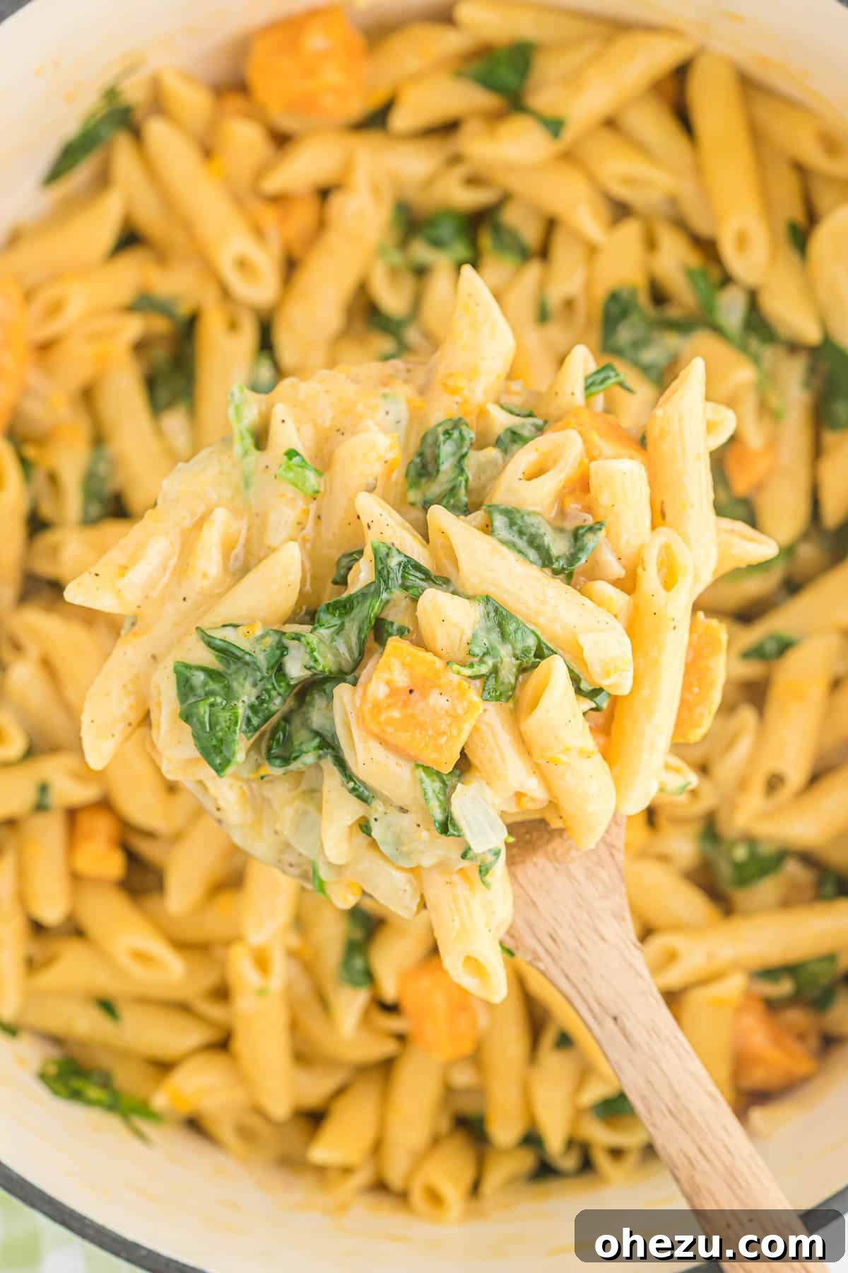 Velvet Sweet Potato Pasta 11 A close-up view of the sweet potato pasta with a creamy texture, served in a rustic Dutch oven.