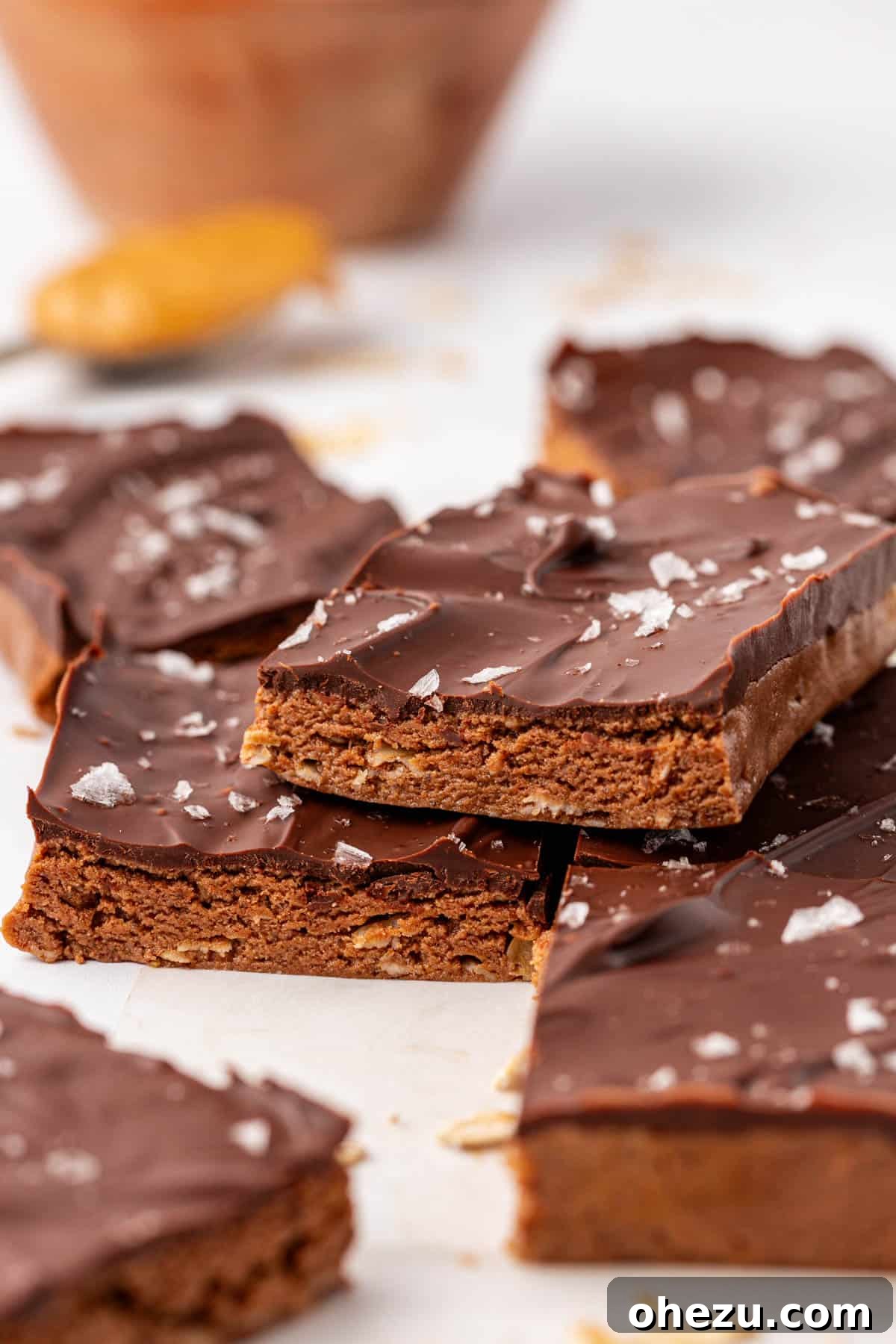 Another appealing shot of the chocolate protein bars, emphasizing their homemade goodness and simplicity.