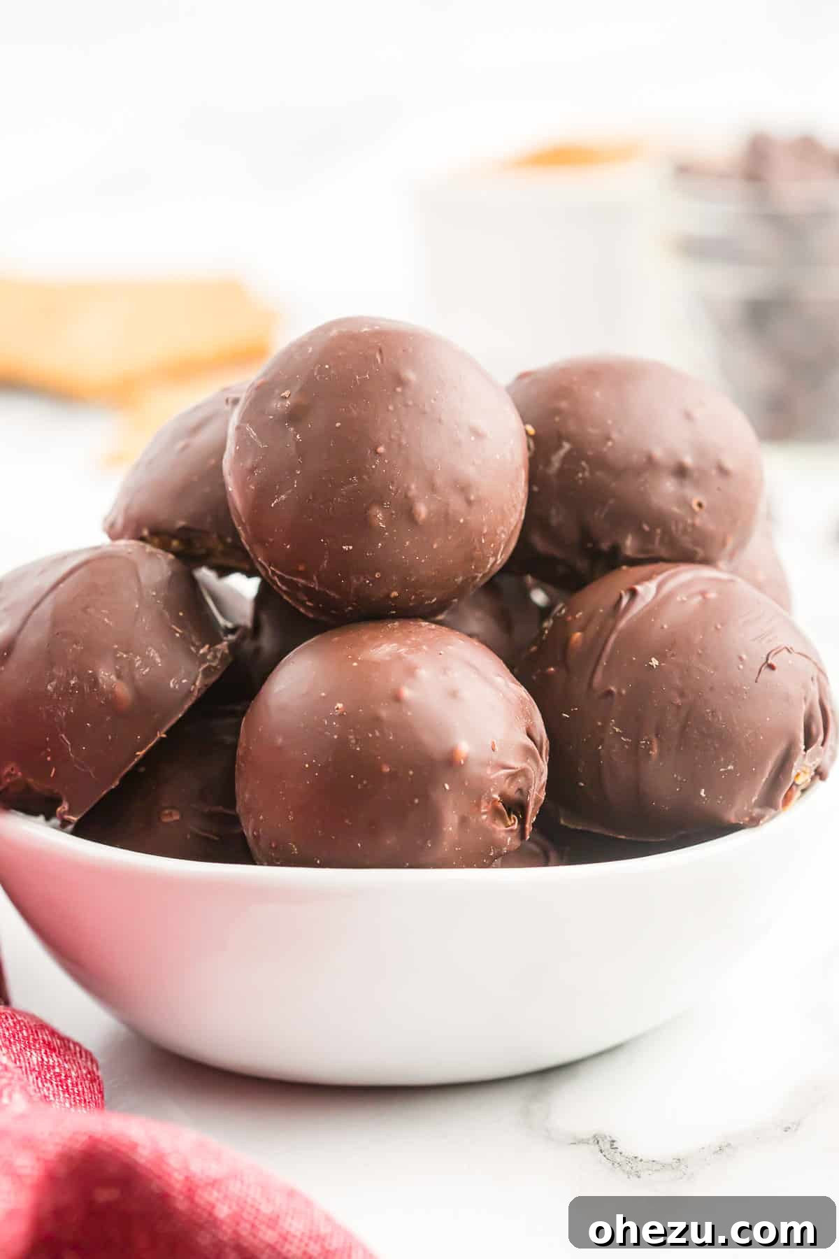 Perfectly coated peanut butter balls with graham crackers, arranged on a serving plate, ready to be enjoyed