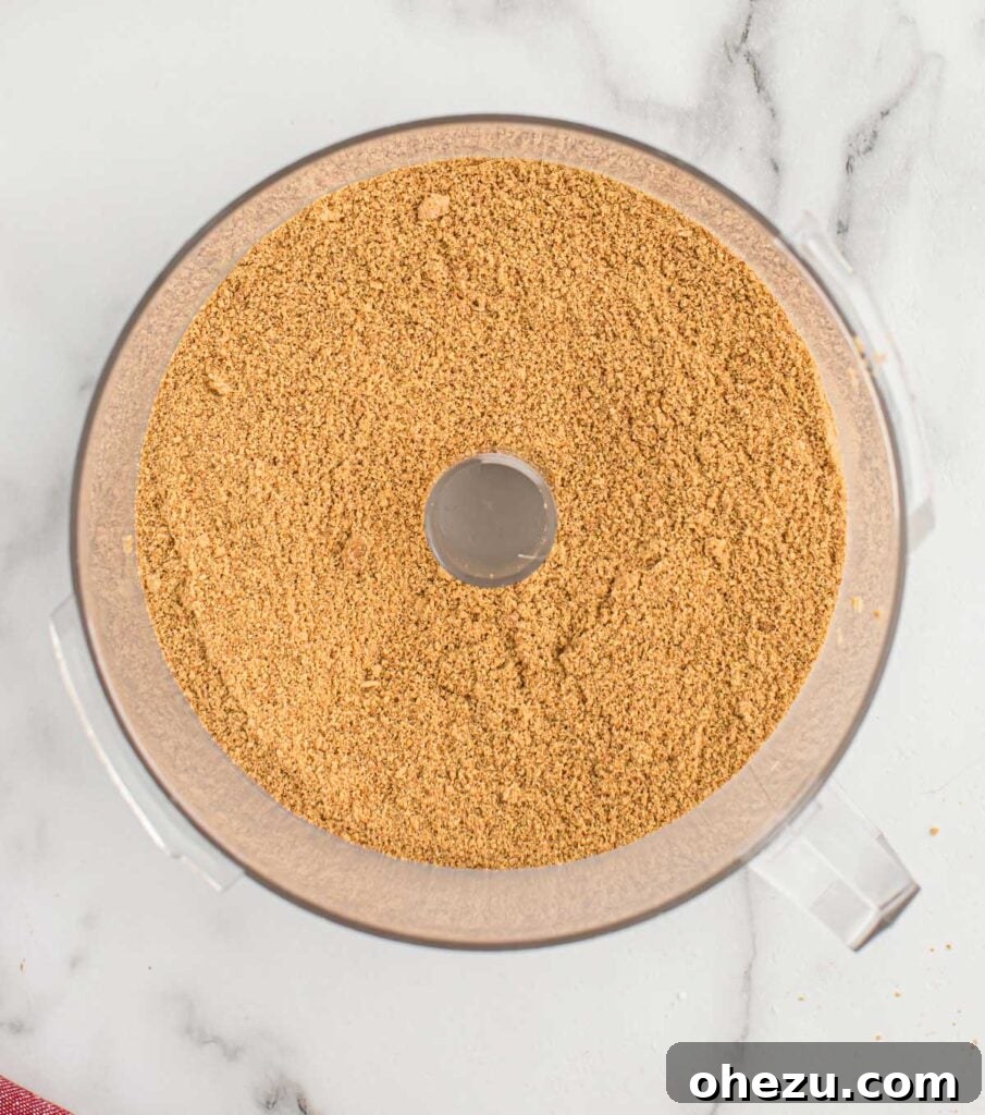 Finely crushed graham cracker crumbs ready in a food processor