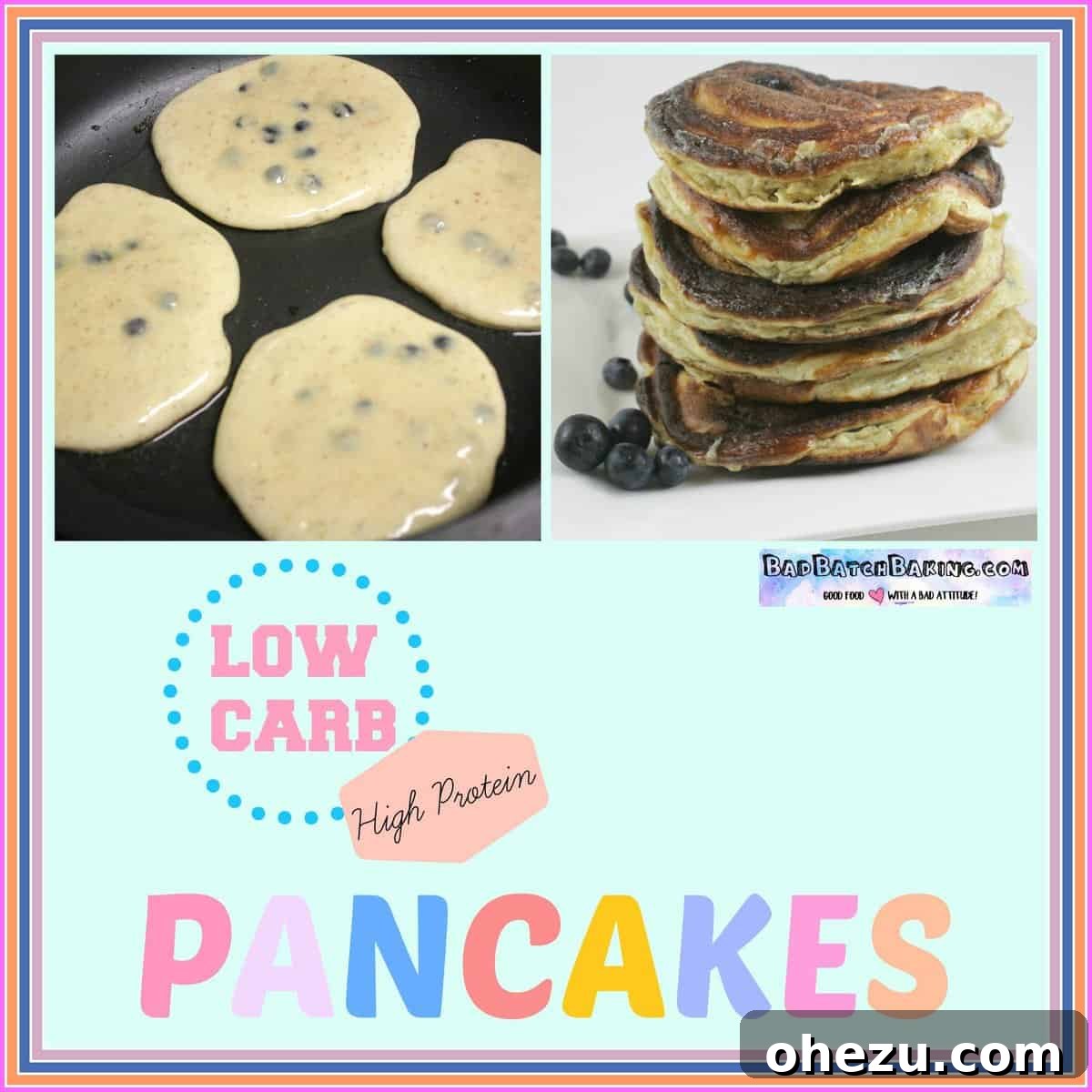 Ultra Fluffy Protein Pancakes Crispy Low Carb 2 Fluffy High Protein Low Carb Pancakes with blueberries, stacked high and ready to eat
