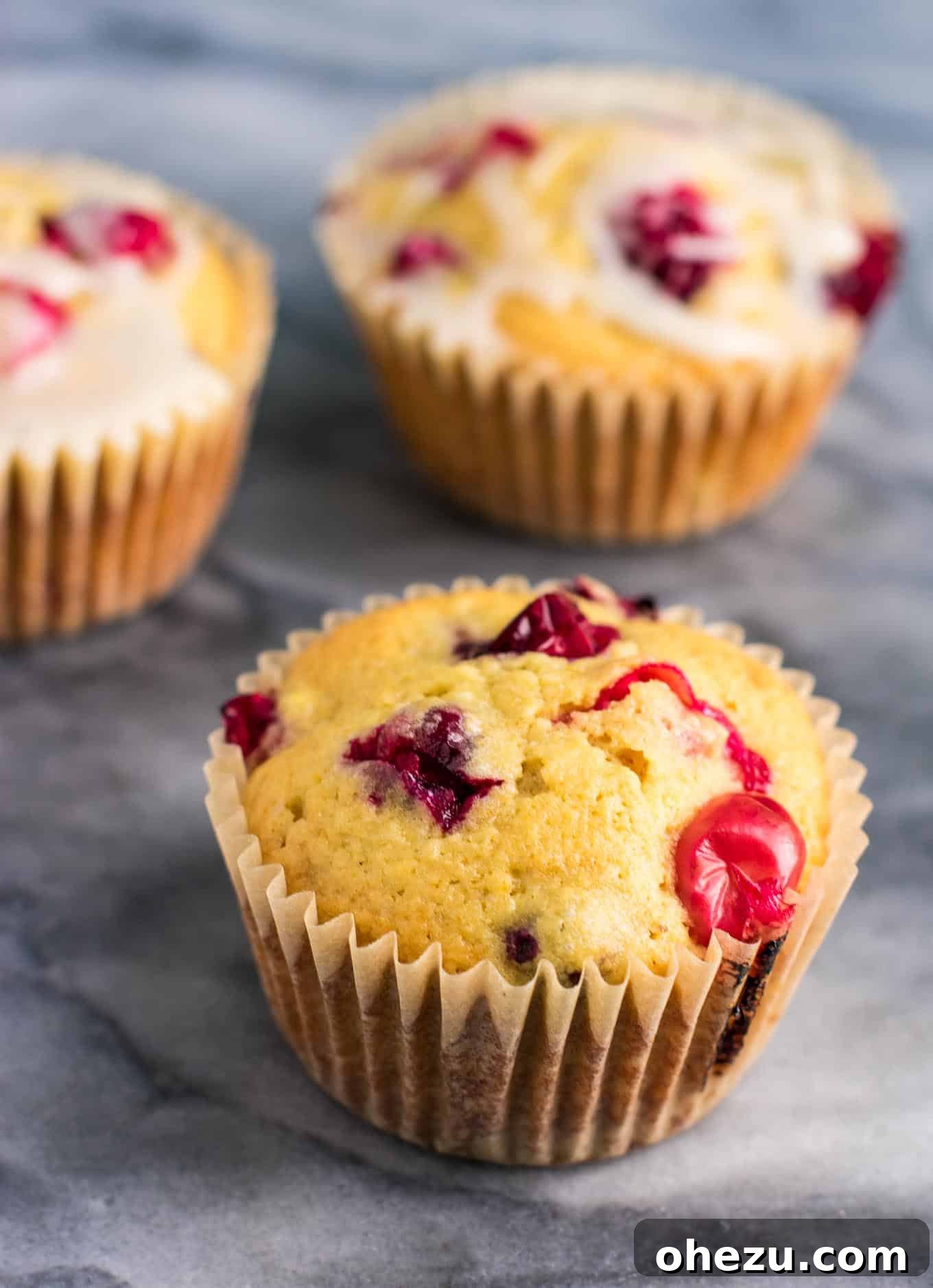 Ingredients for cranberry cream cheese muffins being mixed in a bowl.