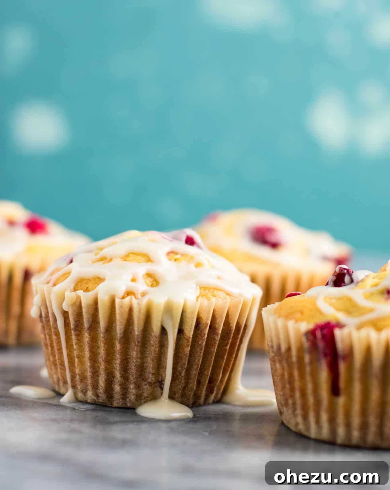 A tray of freshly baked cranberry cream cheese muffins, drizzled with sweet glaze.