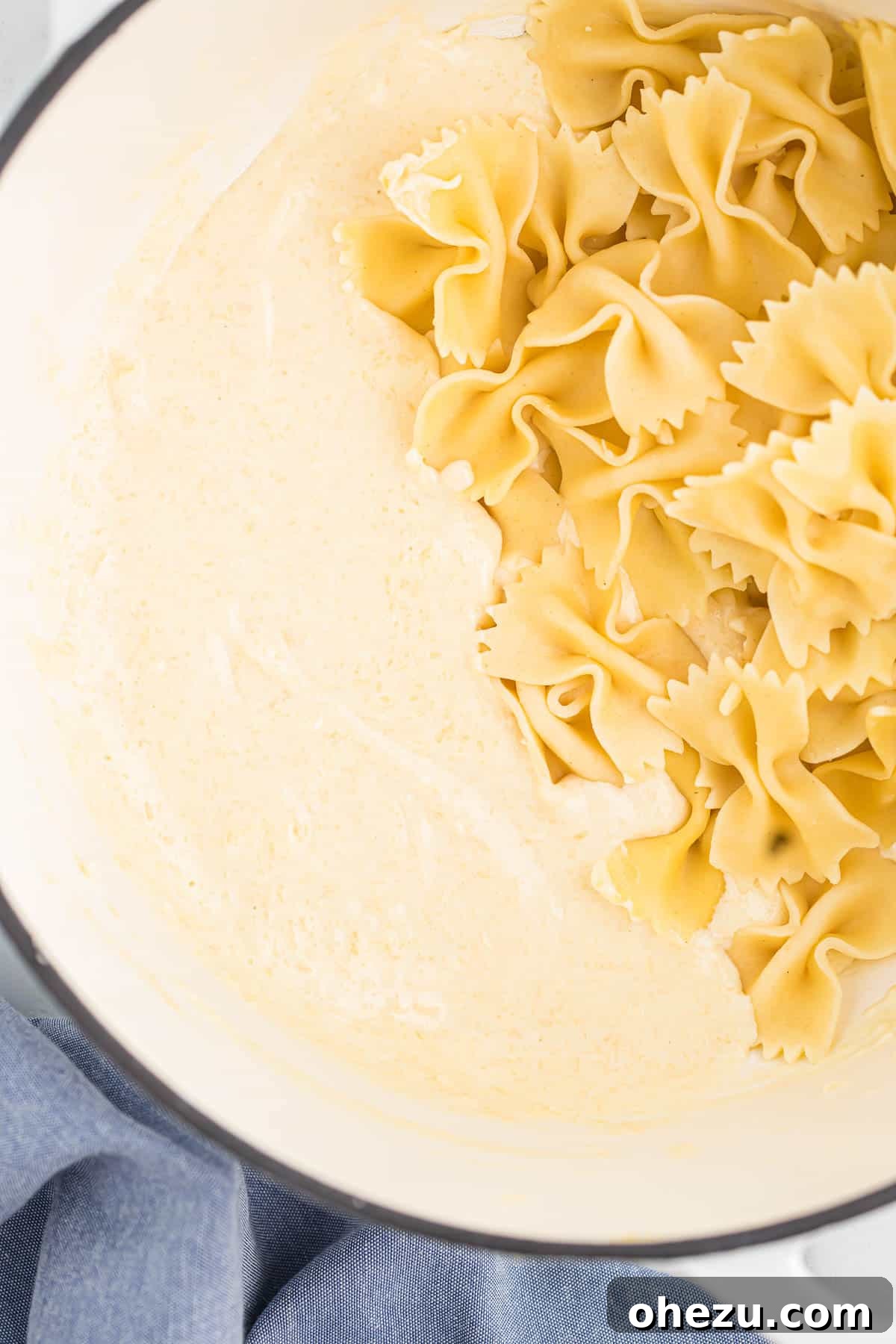 Parmesan cream sauce tossed with bowtie pasta, garnished with fresh herbs, ready for serving.