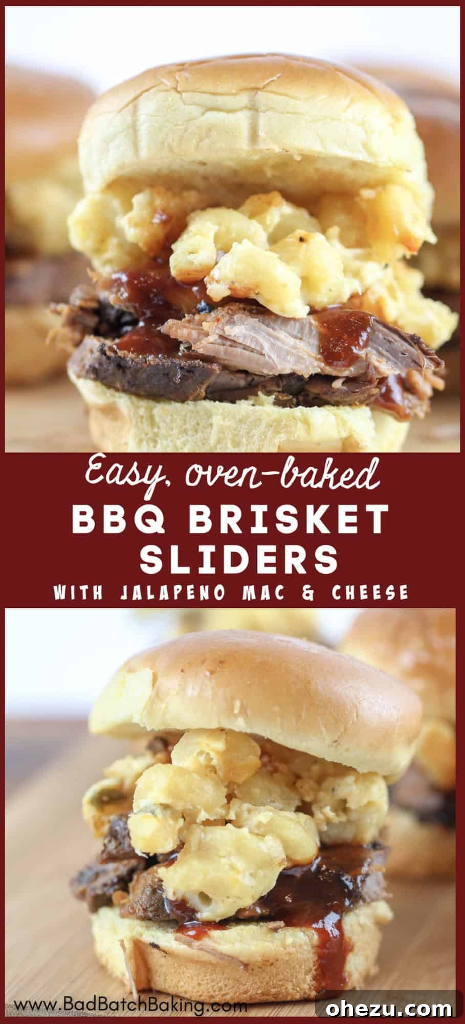 Smoky BBQ Brisket Sliders with Spicy Jalapeno Mac and Cheese 3 Close-up of a juicy BBQ Brisket with rich Creamy Jalapeno Mac and Cheese
