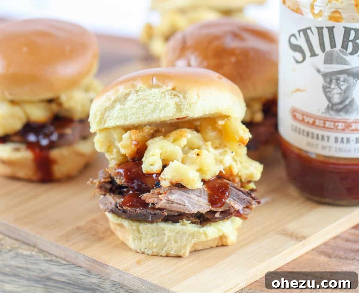 Smoky BBQ Brisket Sliders with Spicy Jalapeno Mac and Cheese 6 Overhead shot of the finished BBQ Brisket Sliders with a side of creamy mac and cheese