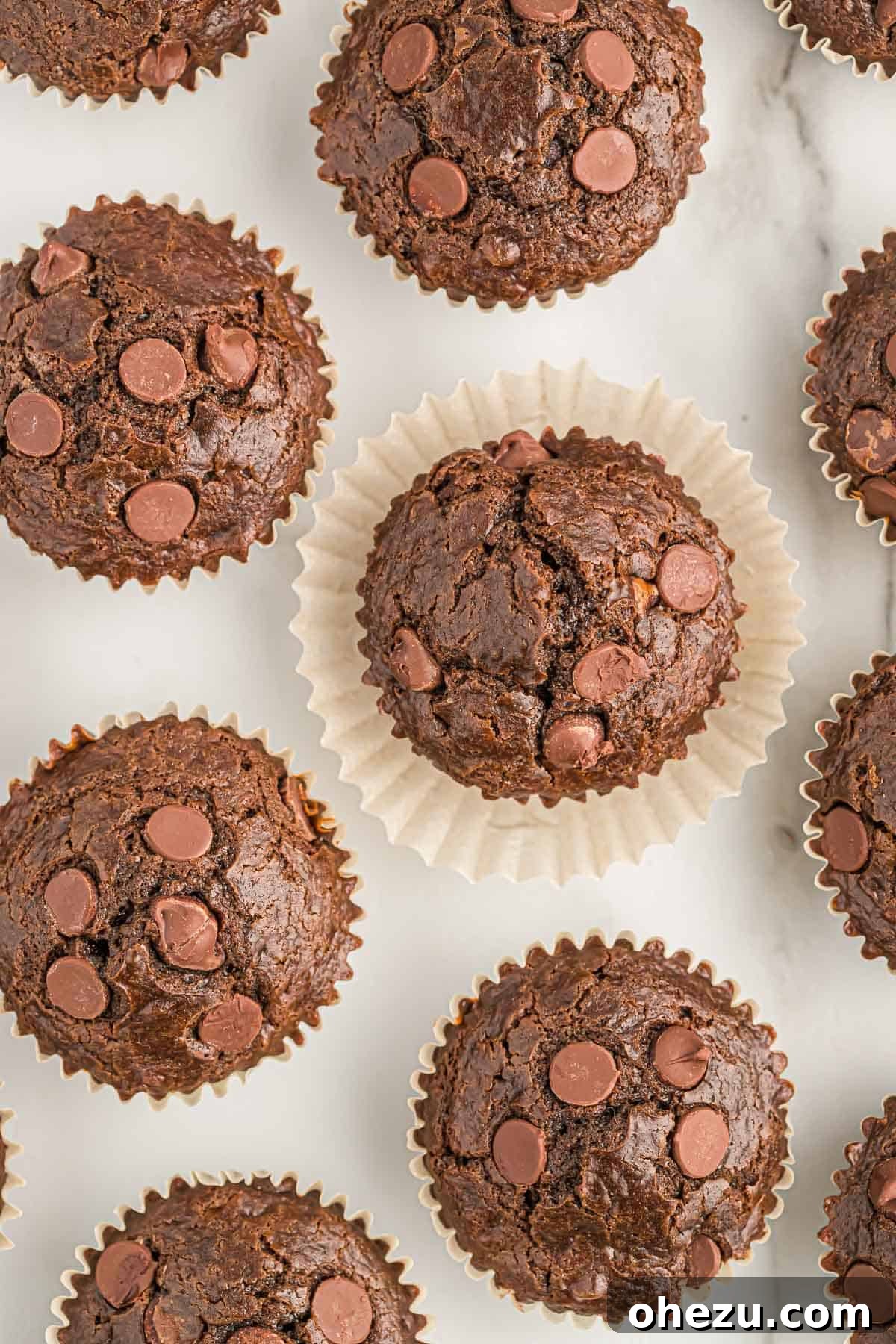 Chocolate Indulgence Muffins 14 An artfully arranged shot of several double chocolate muffins on a dark background, highlighting their texture and chocolate goodness.