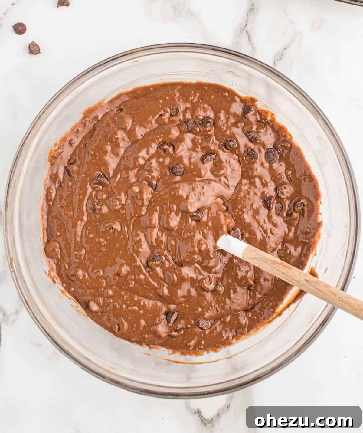 Chocolate Indulgence Muffins 9 Finished double chocolate muffin batter, thick and rich, ready for baking.