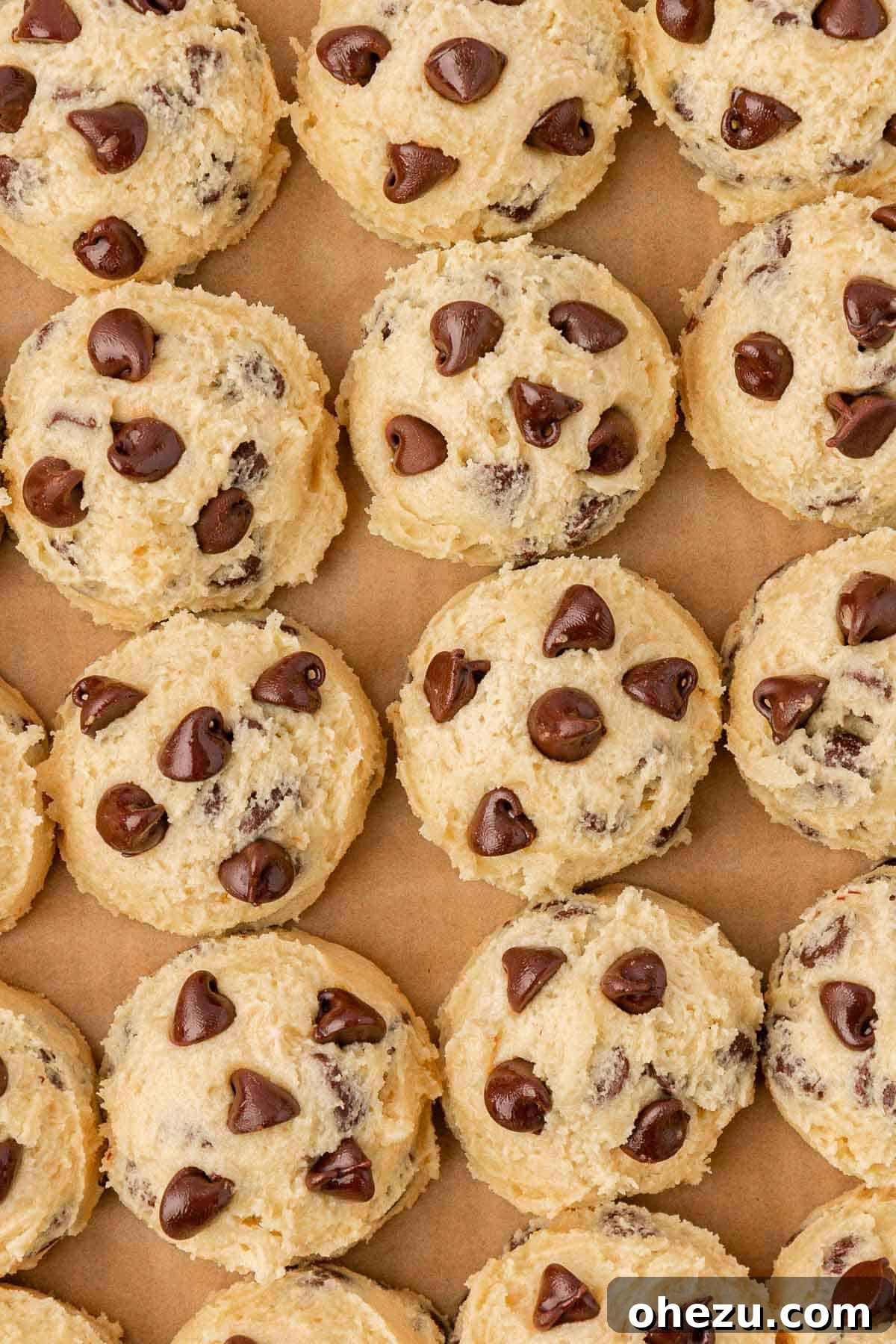 Perfect Chocolate Chip Cookies With No Brown Sugar 15 Perfectly scooped and rounded balls of chocolate chip cookie dough arranged on a baking sheet
