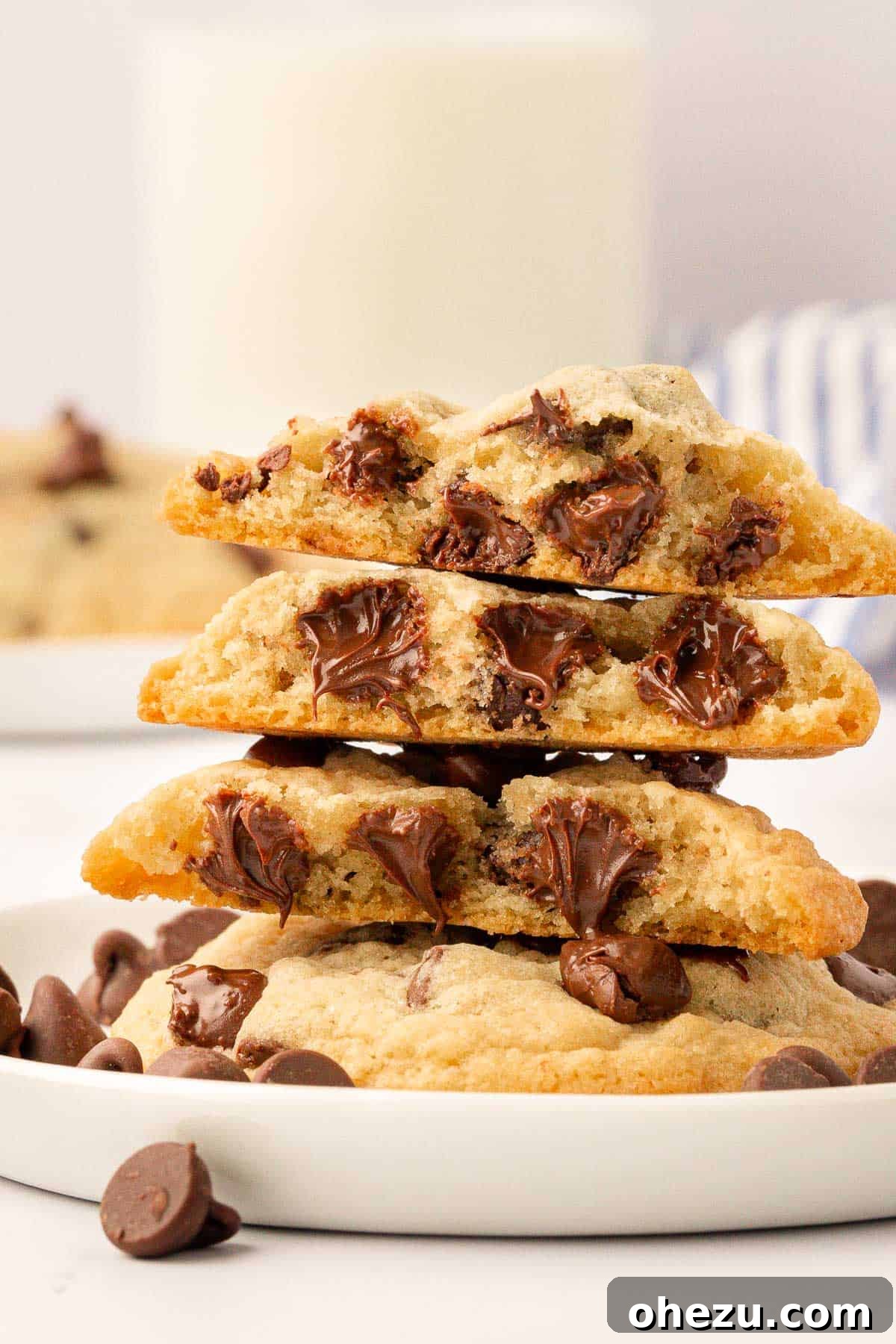 Perfect Chocolate Chip Cookies With No Brown Sugar 3 A freshly baked chocolate chip cookie broken in half, revealing warm, melted chocolate and a soft, chewy interior
