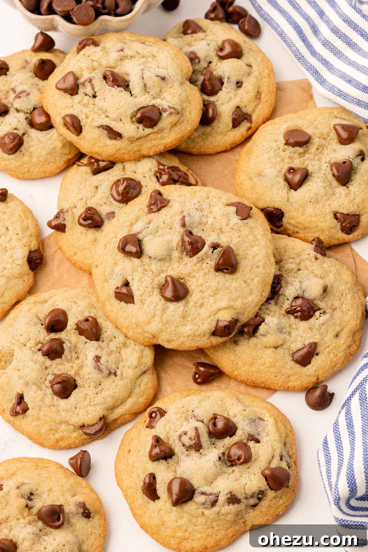 Perfect Chocolate Chip Cookies With No Brown Sugar 21 A final close-up shot of perfectly golden-brown chocolate chip cookies without brown sugar, showcasing their soft texture and melted chocolate