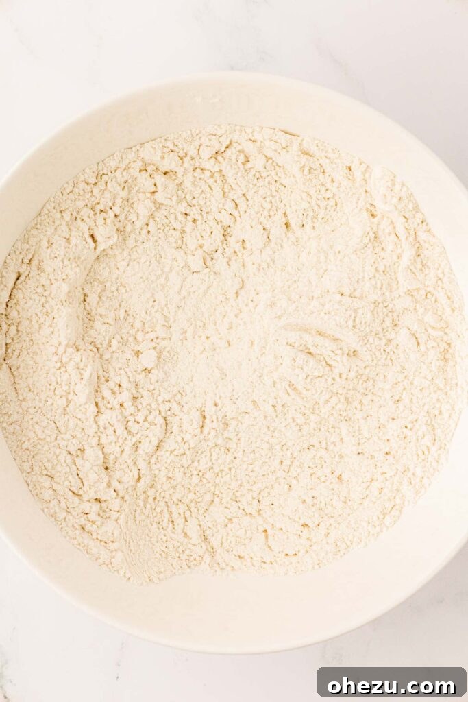 Perfect Chocolate Chip Cookies With No Brown Sugar 6 Dry ingredients in a mixing bowl after being whisked together, showing a uniform mixture