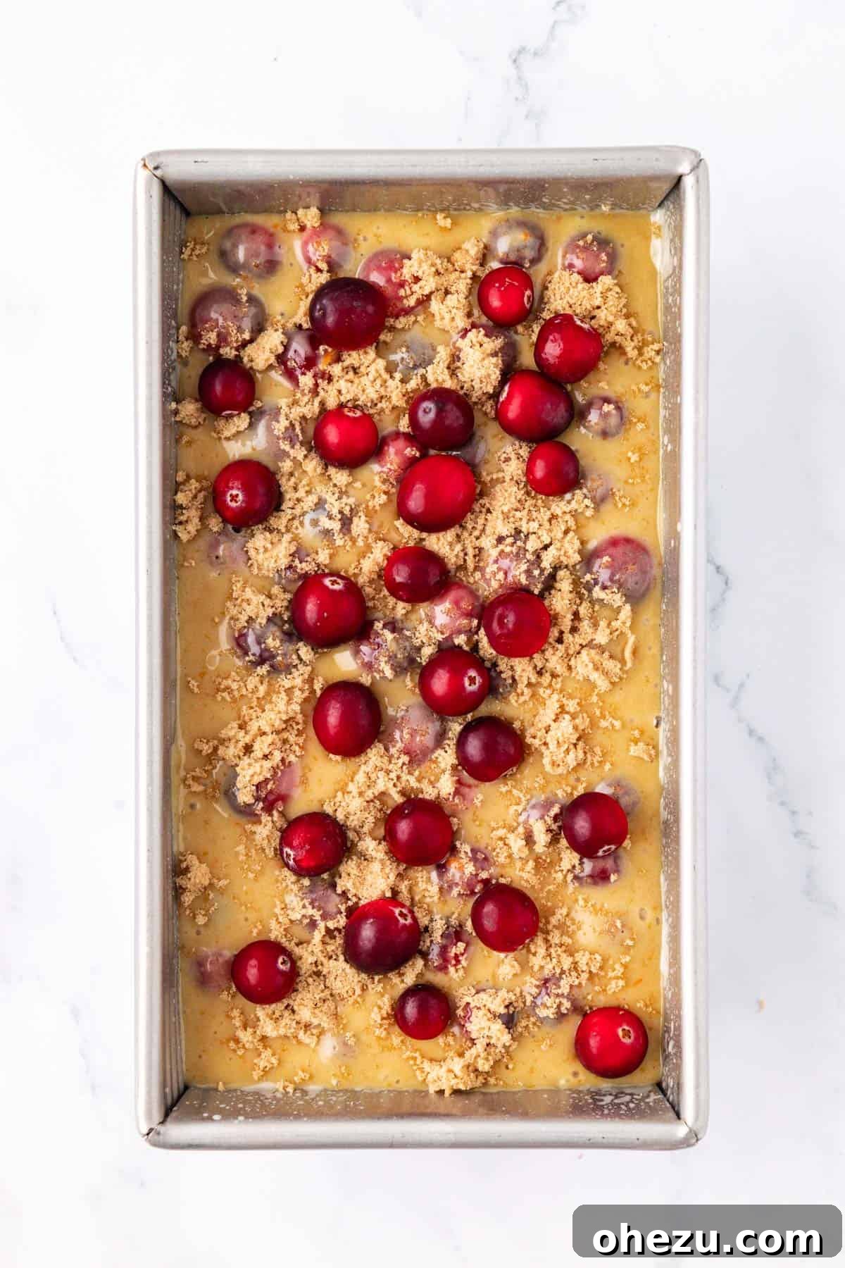 Loaf pan with cranberry eggnog bread batter topped with brown sugar and fresh cranberries, ready for baking.