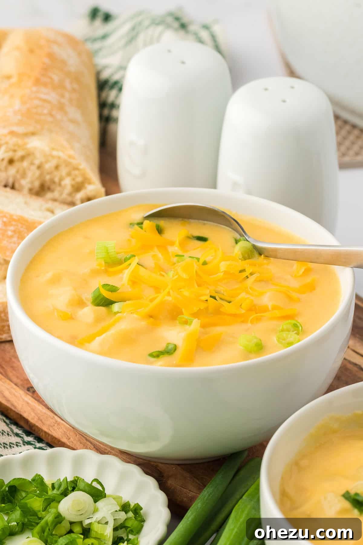 Velvety Potato Warmth 19 A comforting bowl of potato soup, richly garnished with fresh green onions and melted cheddar cheese.