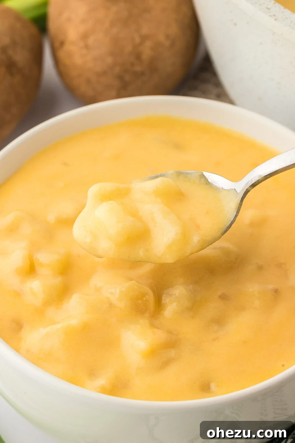Velvety Potato Warmth 20 A simple, elegant bowl of thick, creamy potato soup, steaming gently.