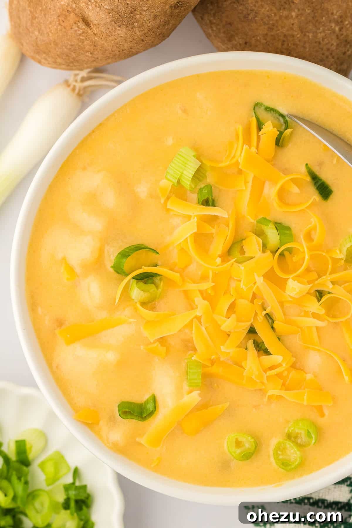 Velvety Potato Warmth 21 A final inviting shot of a bowl of potato soup, expertly topped with green onions and cheddar cheese, enticing viewers to try the recipe.