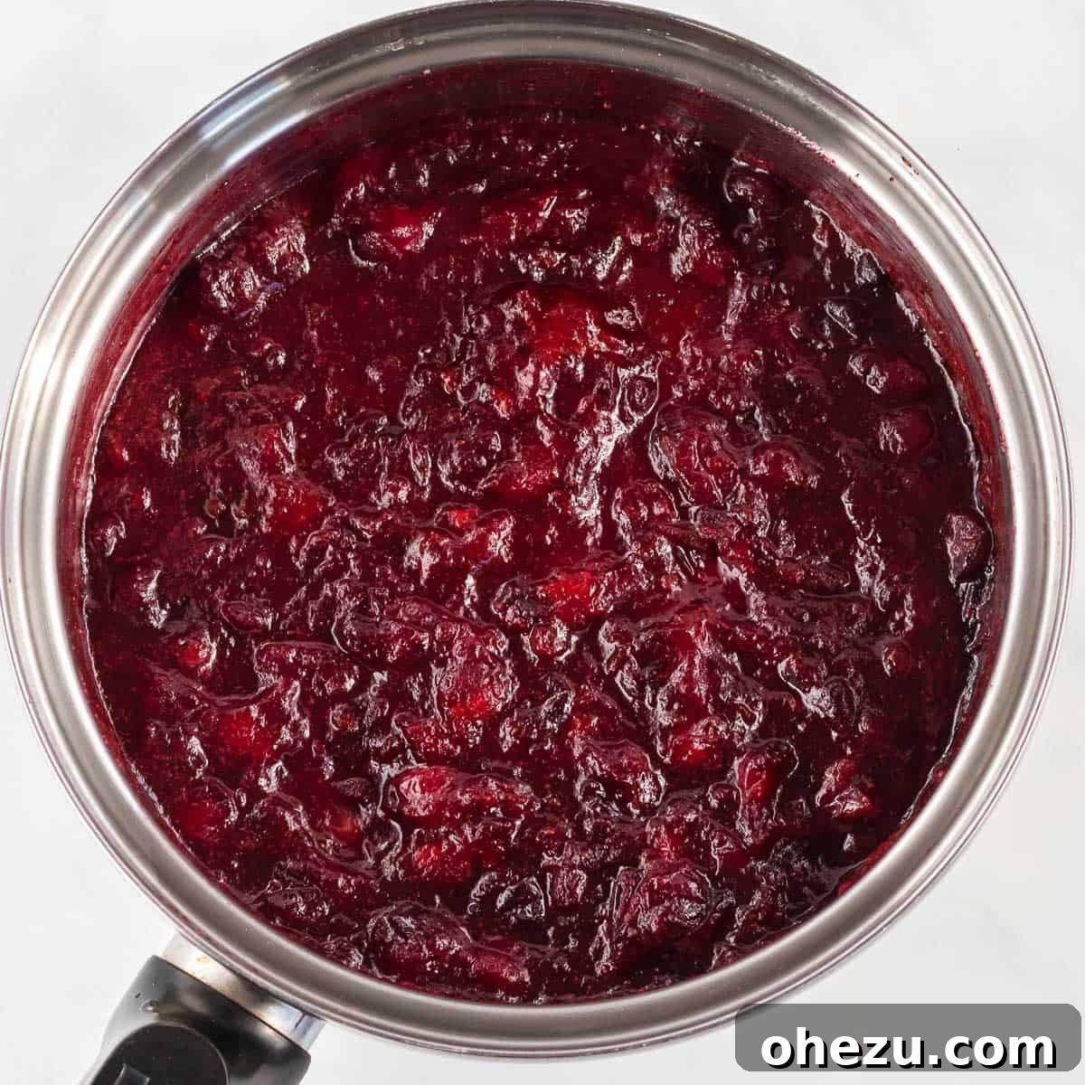 Crafted Cranberry Bliss 6 Cranberry sauce simmering gently in a saucepan, thickening as it cooks and some berries are mashed.