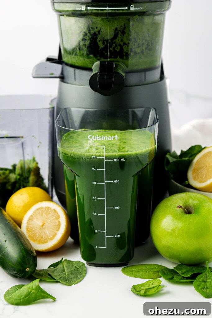 Green Vitality Boost 6 Close-up of freshly extracted spinach juice in the juicer's collection canister.