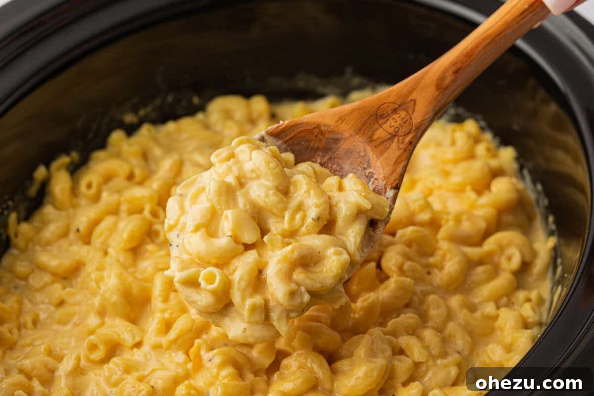 Creamy Slow Cooker Mac and Cheese 9 The finished, perfectly cooked crock pot mac and cheese, ready to be served from the slow cooker.