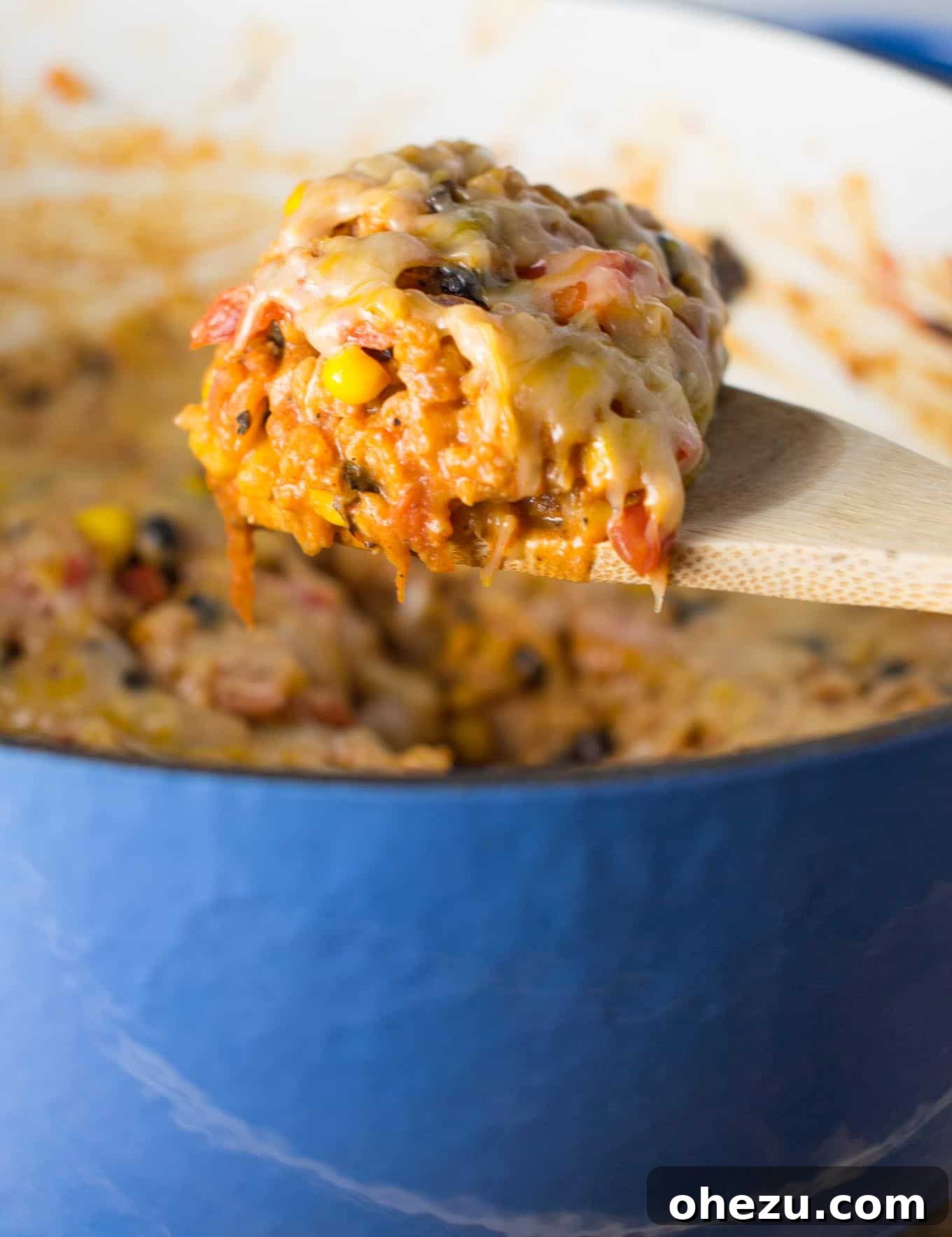 Fiesta Vegetarian Bake 15 Large serving spoon taking a scoop of vegetarian Mexican rice casserole from a Dutch oven